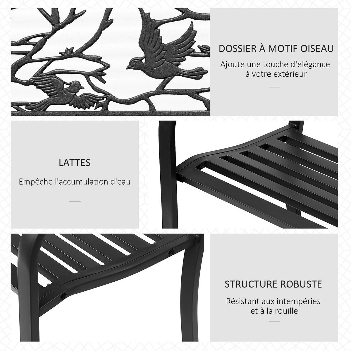 GARTENBANK DE-17749 3-Sitzer mit Vogelmotiv im Rural-Chic Schwarz - Schwarz, Metall (127/85/60cm) - ComfortXL