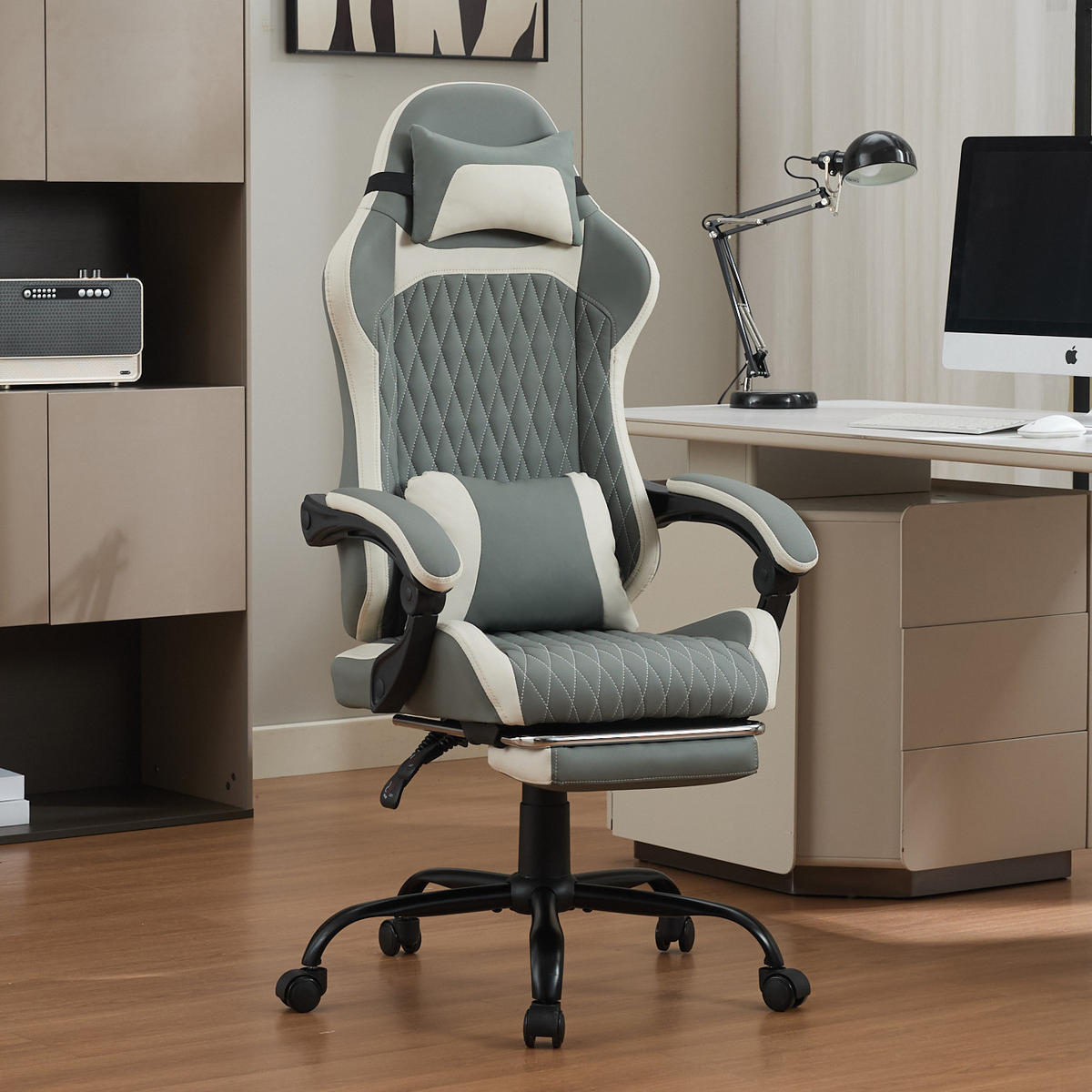 GAMING-STUHL grau mit Rautensteppung, Fußstütze, Nacken- und Lendenkissen, höhenverstellbar - Grau, Leder (54/124/62cm) - BRILVERDE