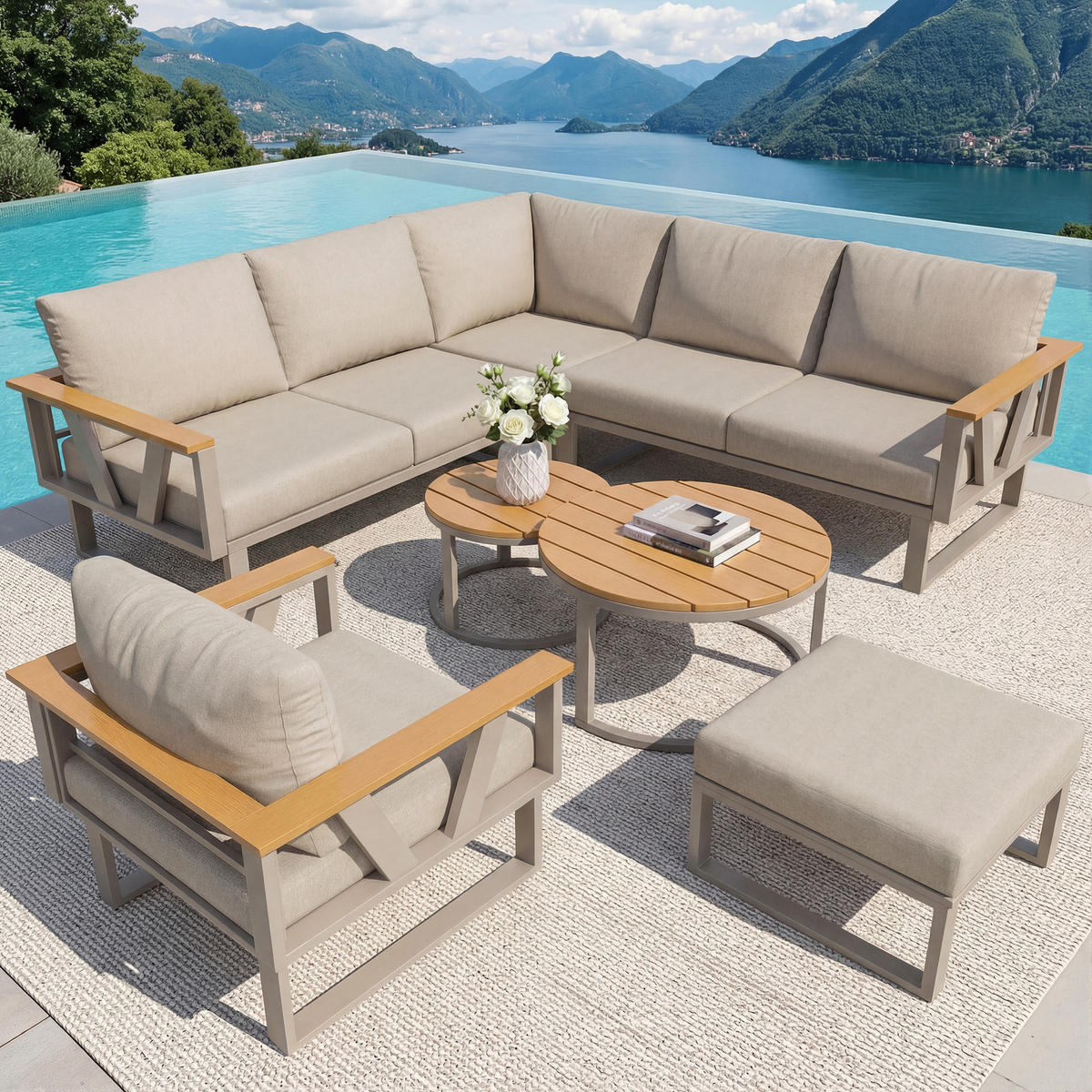 LOUNGESITZSET, 2er-Set, Verstellbare Füße, Metallbasis, Beige - Beige, Metall - FLIEKS