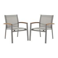 GARTENSESSEL 2er Set - stapelbar - Aluminium & Textilene - Taupe & Armlehnen Akazie - TAIPIVAI von MYLIA - Braun, Metall - Vente-Unique
