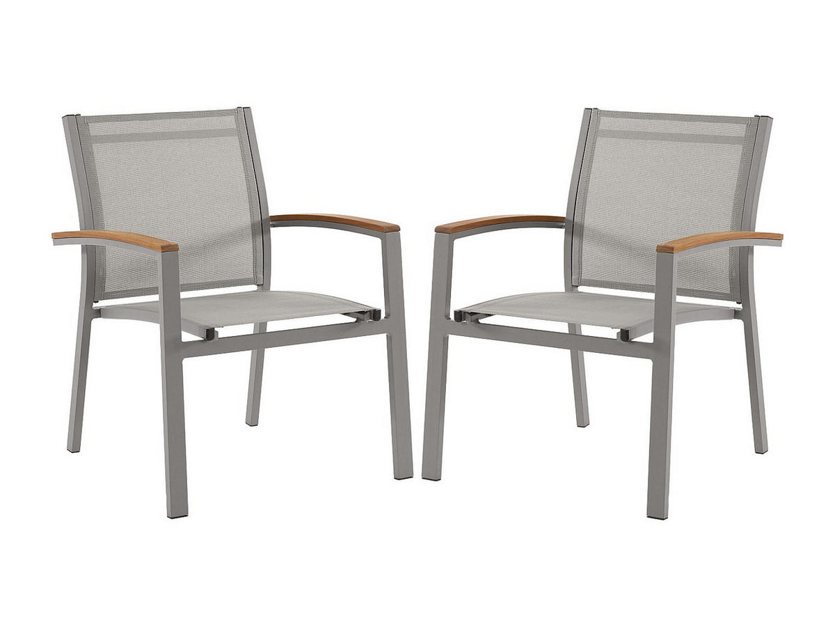 GARTENSESSEL 2er Set - stapelbar - Aluminium & Textilene - Taupe & Armlehnen Akazie - TAIPIVAI von MYLIA - Braun, Metall - Vente-Unique