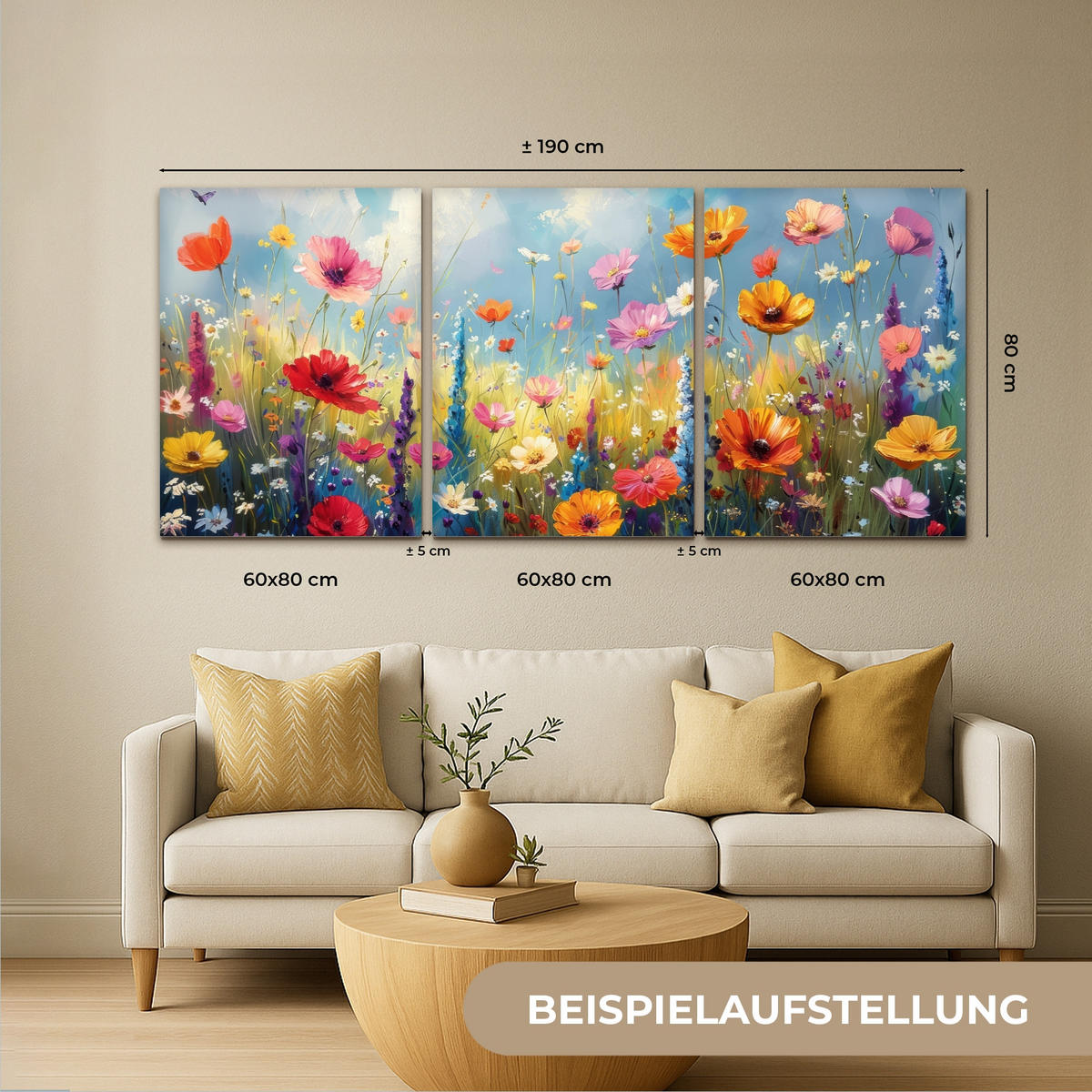 LEINWANDBILD 3er Set Blumen - Frühling - Farbenfroh - Sommerlich 180x80 cm - Orange, Textil (180/80cm) - MuchoWow