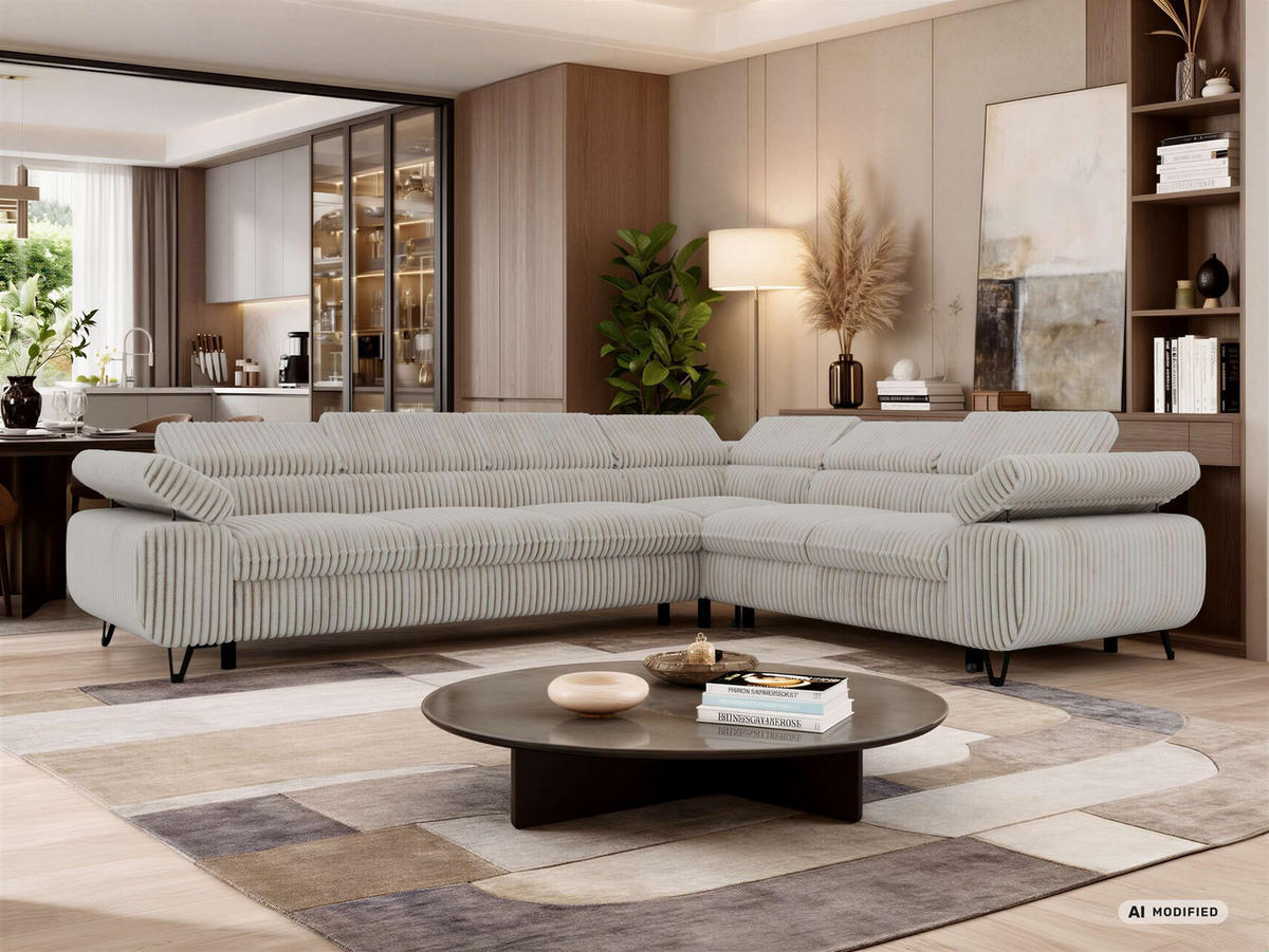 ECKSOFA NORDEN L - Beige Cord - Links Seite - Beige/Creme, Textil/Metall (269/329cm) - MKS