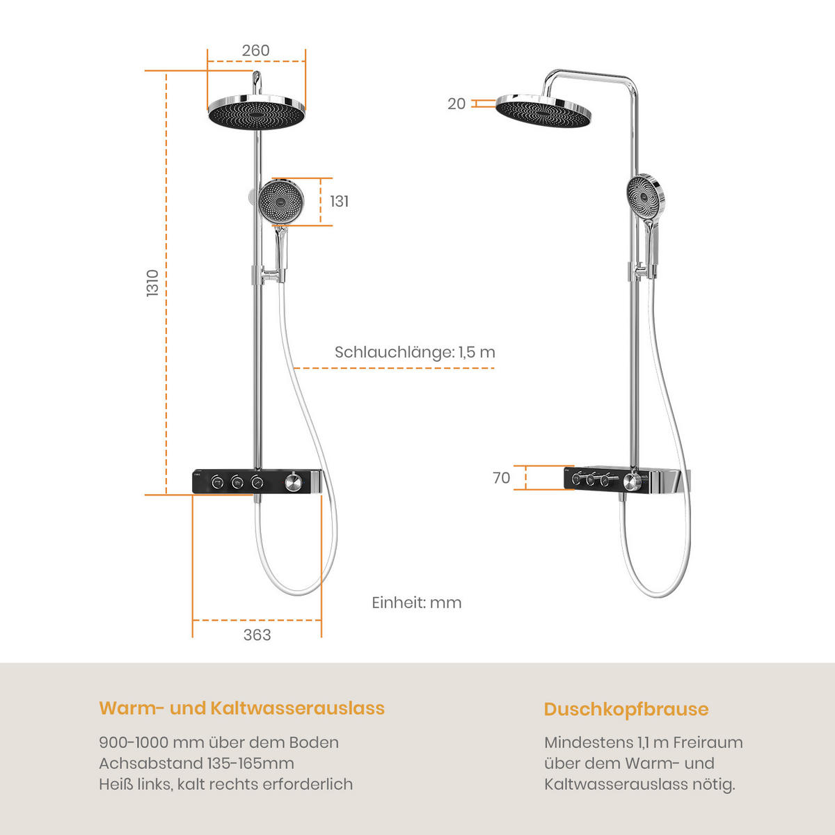 ÜBERKOPFBRAUSESET mit Thermostat Runde Überkopfbrause Vielseitig Chrom - Chromfarben, Metall (35.5/110/40cm) - EMKE