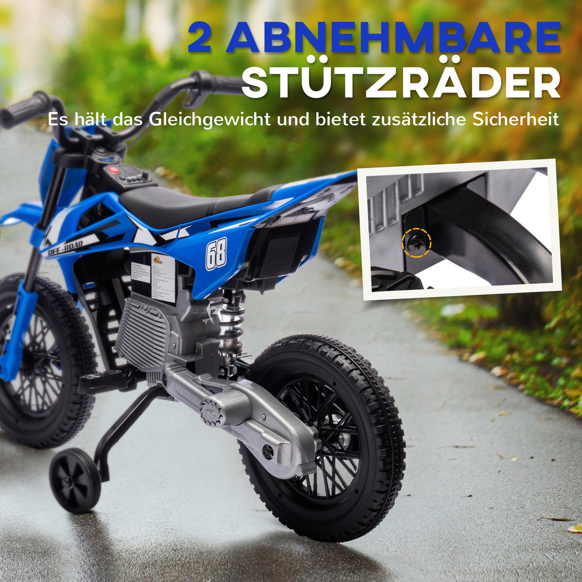 ELEKTRO-MOTORRAD DE-06221 12V mit Trainingsrädern und Musik Blau - Blau, Kunststoff/Metall (107/56/70cm) - ComfortXL