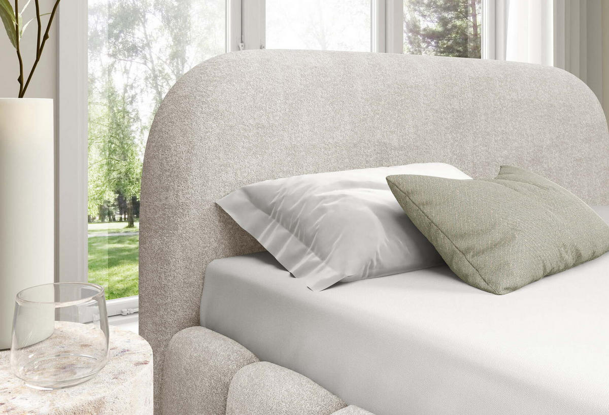 POLSTERBETT 140x200 Noemi, runde Kopfteil, Bettkasten, Samtstoff, Creme - Creme, Holz/Textil (140/200cm) - Emporius
