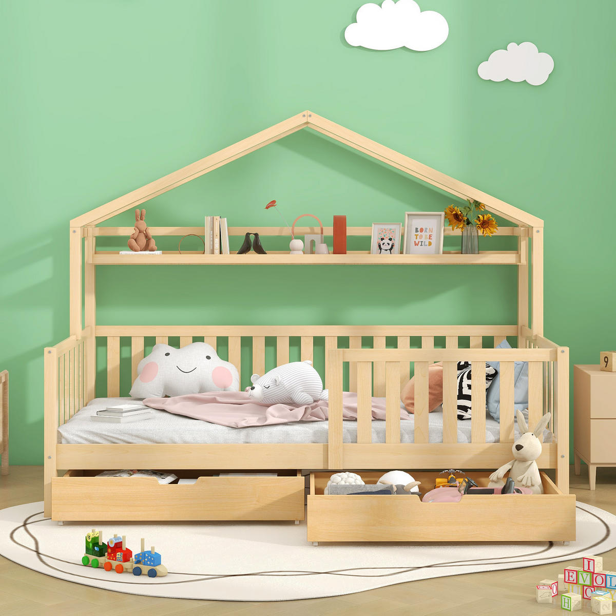 HAUSBETT 90/200 cm Natur mit Schubladen aus massivem Kiefernholz - Naturfarben, Holz (90/200cm) - OKWISH