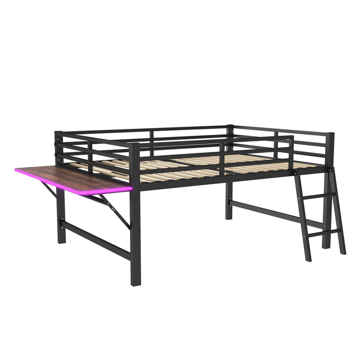 VISOKI krevet 140/200 cm s ljestvama, sklopivim stolom, LED rasvjetom i zaštitnim ogradama, Crna - crna, metal (140/200cm) - Redom