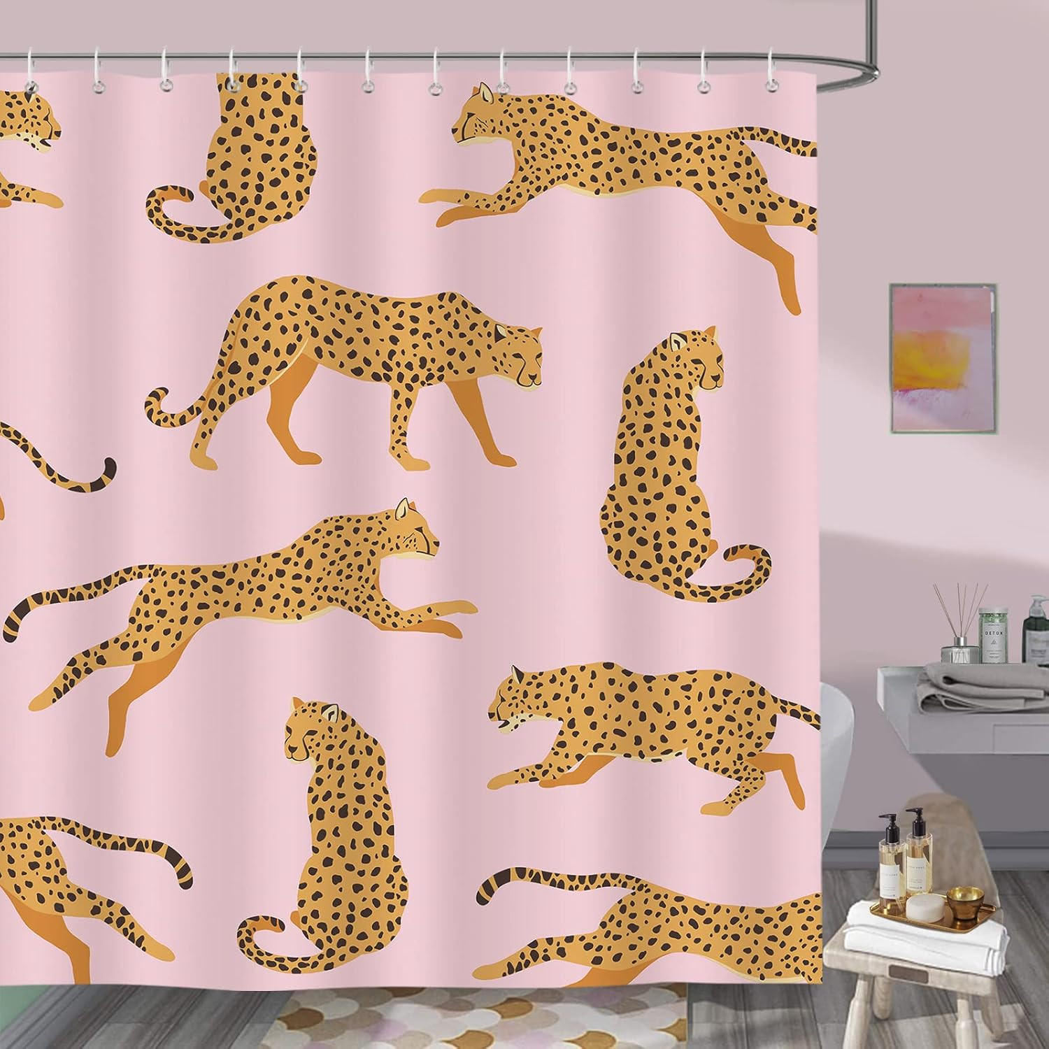 DUSCHVORHANG Rosa 90 x 180 cm tropisch Tier schimmelresistent wasserdicht waschbar mit Haken - Pink, Textil (180/180cm) - MCBOSON