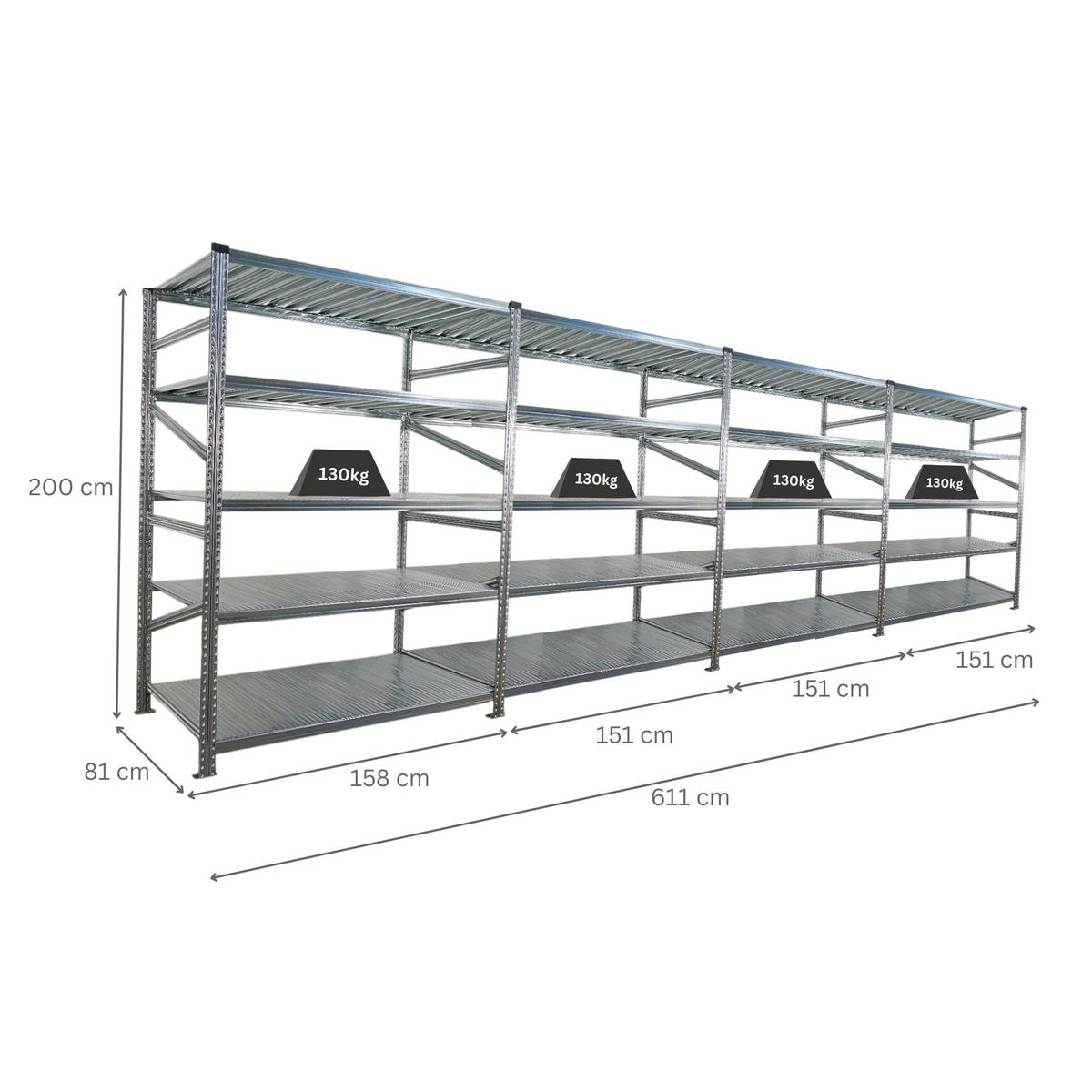 FACHBODENREGAL Proximo 200x600x80cm 5 Ebenen Fachlast 130 kg Beidseitig nutzbar Verzinkt - Silberfarben, Metall (600/200/80cm) - PROREGAL