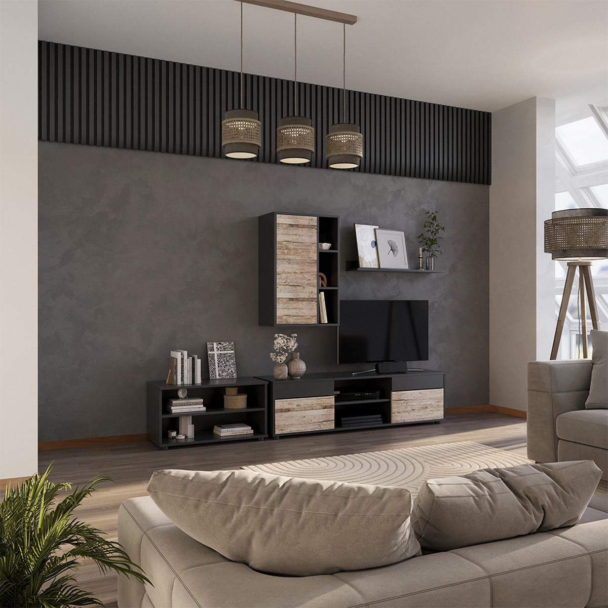 ŽIVÁ STĚNA Berno Černý/pískový dub - černá/Sonoma dub, kompozitní dřevo (139.8/38.9/35.4cm) - Vicco