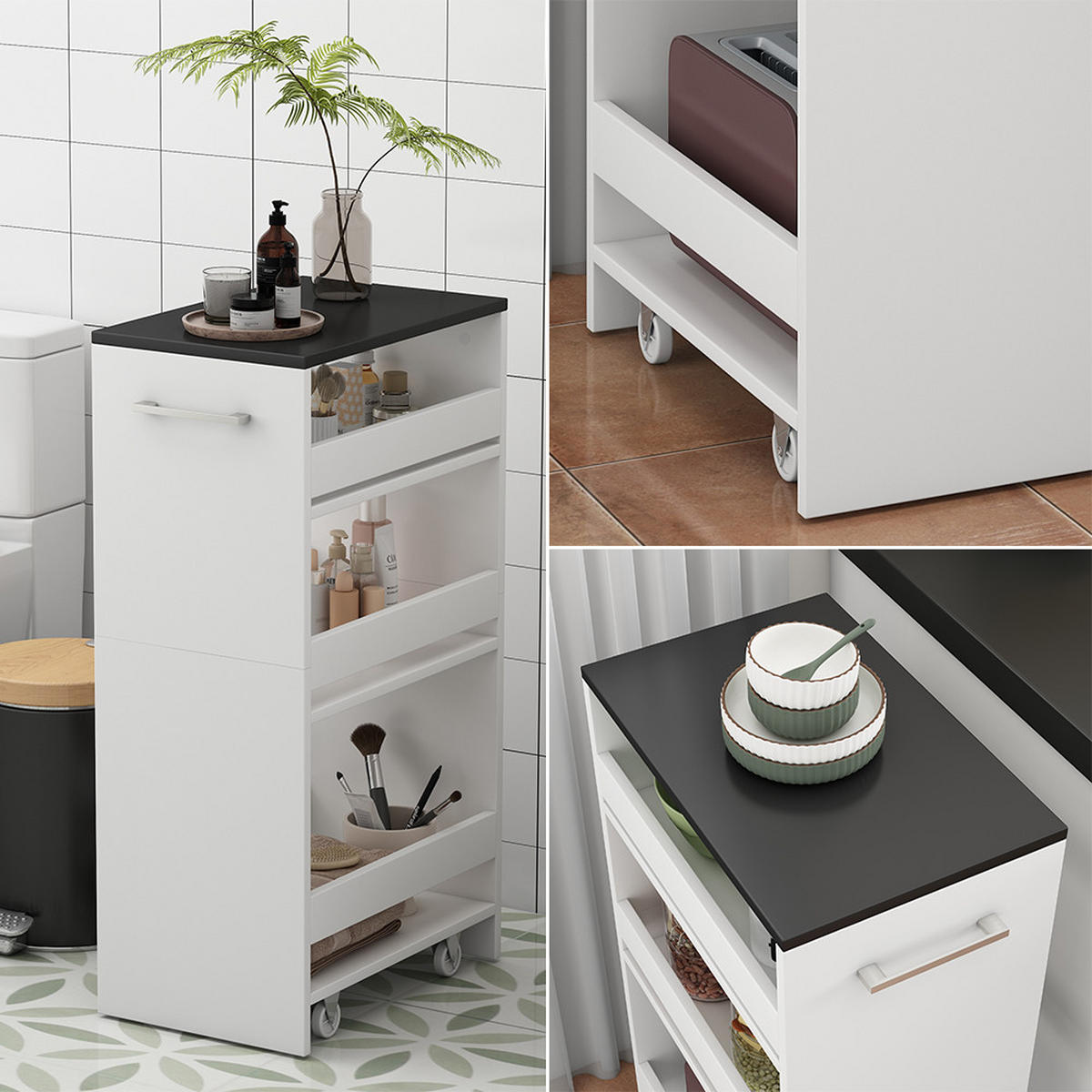 POJÍZDNÁ POLICE Rivo Bílá/antracitová - bílá/antracitová, kompozitní dřevo (30/84.8/46cm) - Vicco