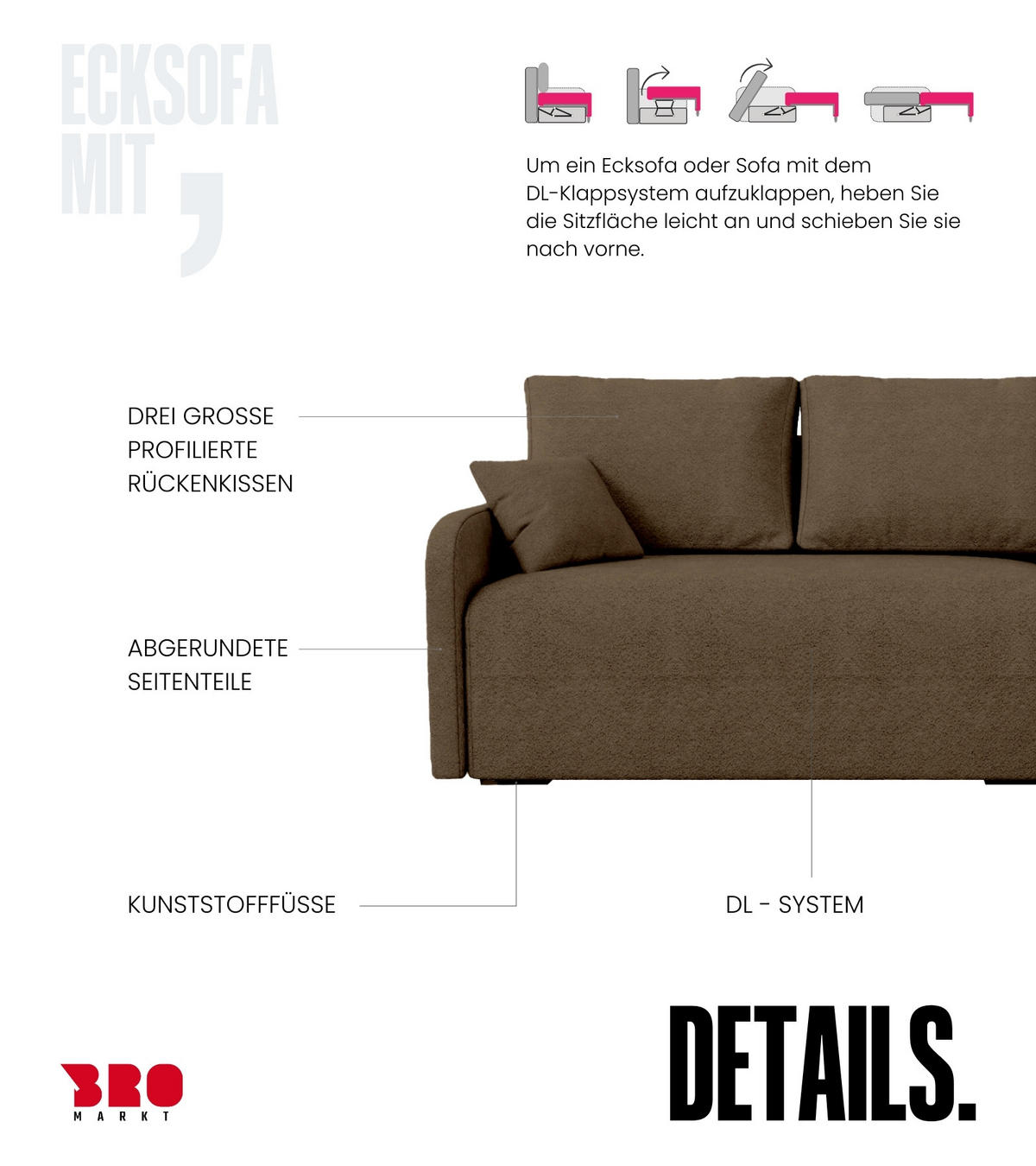 ECKSOFA Malen mit Schlaffunktion Braun Bouclé - Bronzefarben, Textil (215/141cm) - Bromarkt