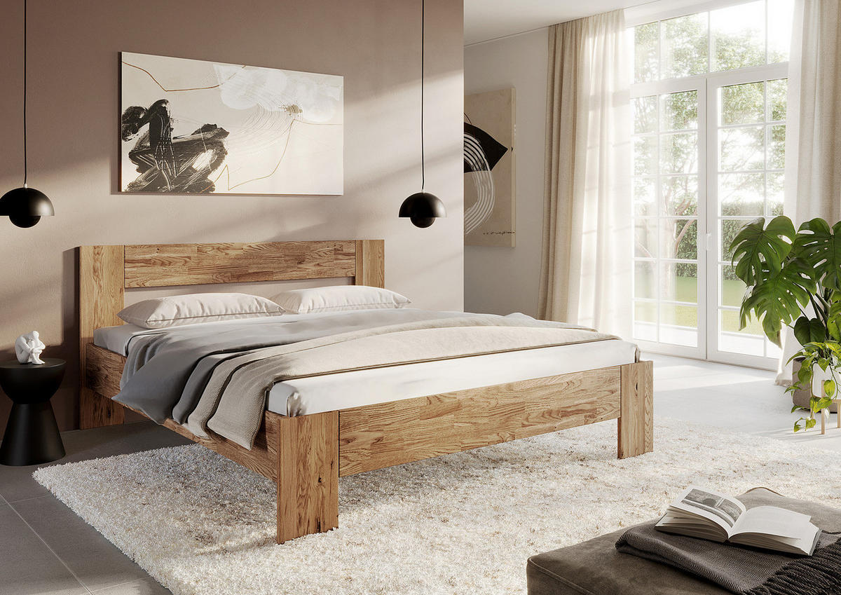 MASSIVHOLZBETT - Wildeiche massiv - Eichefarben, Holz (200/200cm) - home24