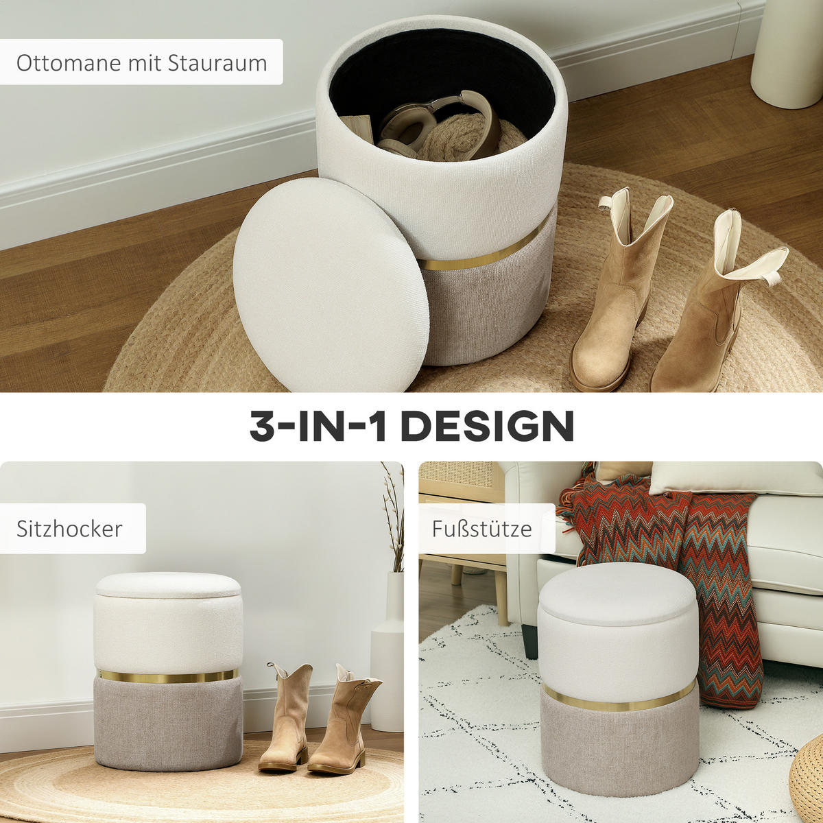SITZHOCKER mit Stauraum, Creme - Creme, Kunststoff (36/44/36cm) - HOMCOM