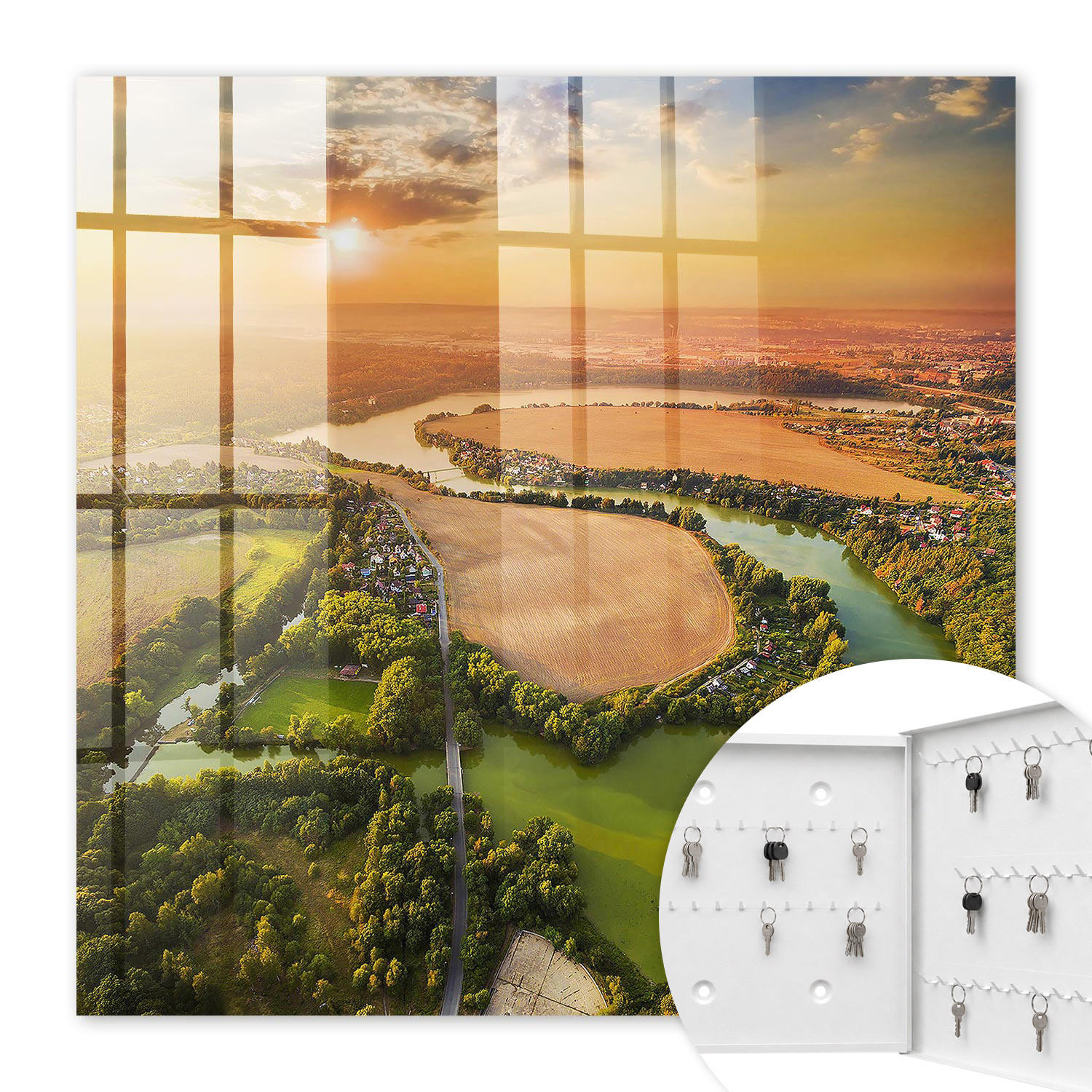 SCHLÜSSELBOX Weiß 30x30 cm – Türöffnung nach rechts - Landschaft der Natur - Grün, Metall (30/30/5cm) - TULUP
