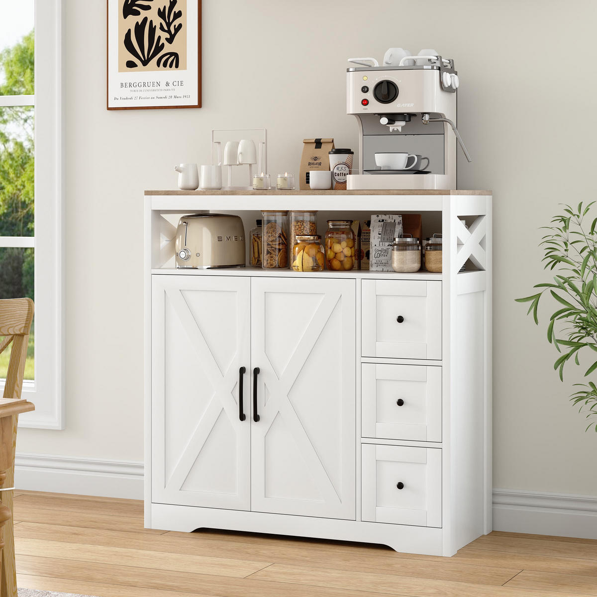 SIDEBOARD 100 cm, Skandinavischer Stil mit Kreuzdekoration, 3 Schubladen, 2 Türen und offenen Regalen, Weiß - Weiß, Holzwerkstoff (100/40/105cm) - Waldena
