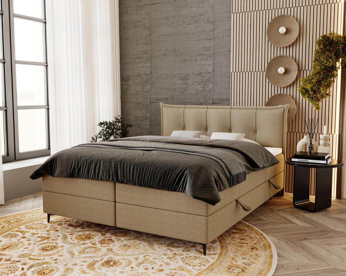 BOXSPRINGBETT Boucle 160x200 Liron mit Kissen-Kopfteil und Matratze, Beige - Orange, Holz/Textil (160/200cm) - Emporius