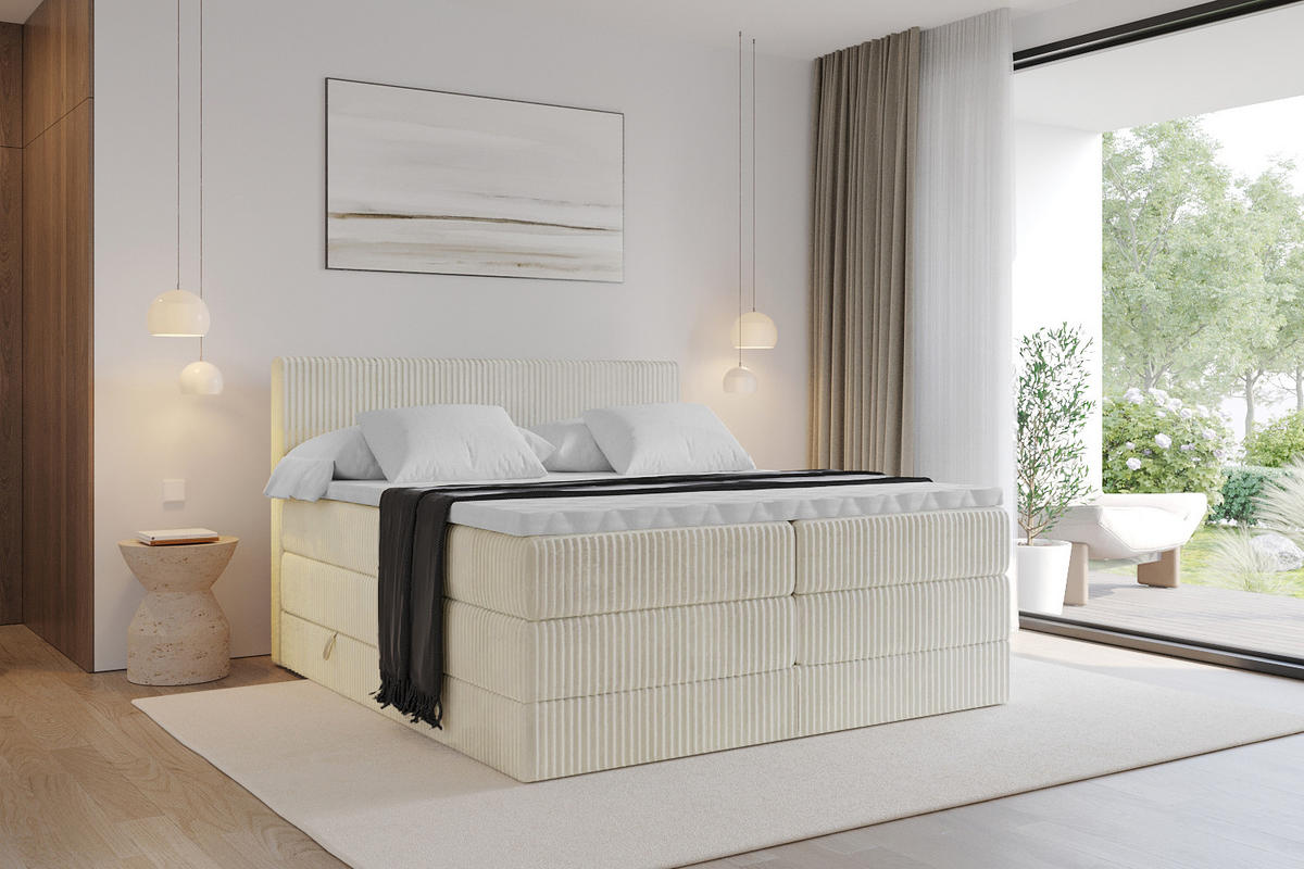 BOXSPRINGBETT mit Matratze H3|H4 und Lattenrost - TOLO KING 140x200 Cord - Creme - Champagner, Holzwerkstoff (140/200cm) - ALTDECOR