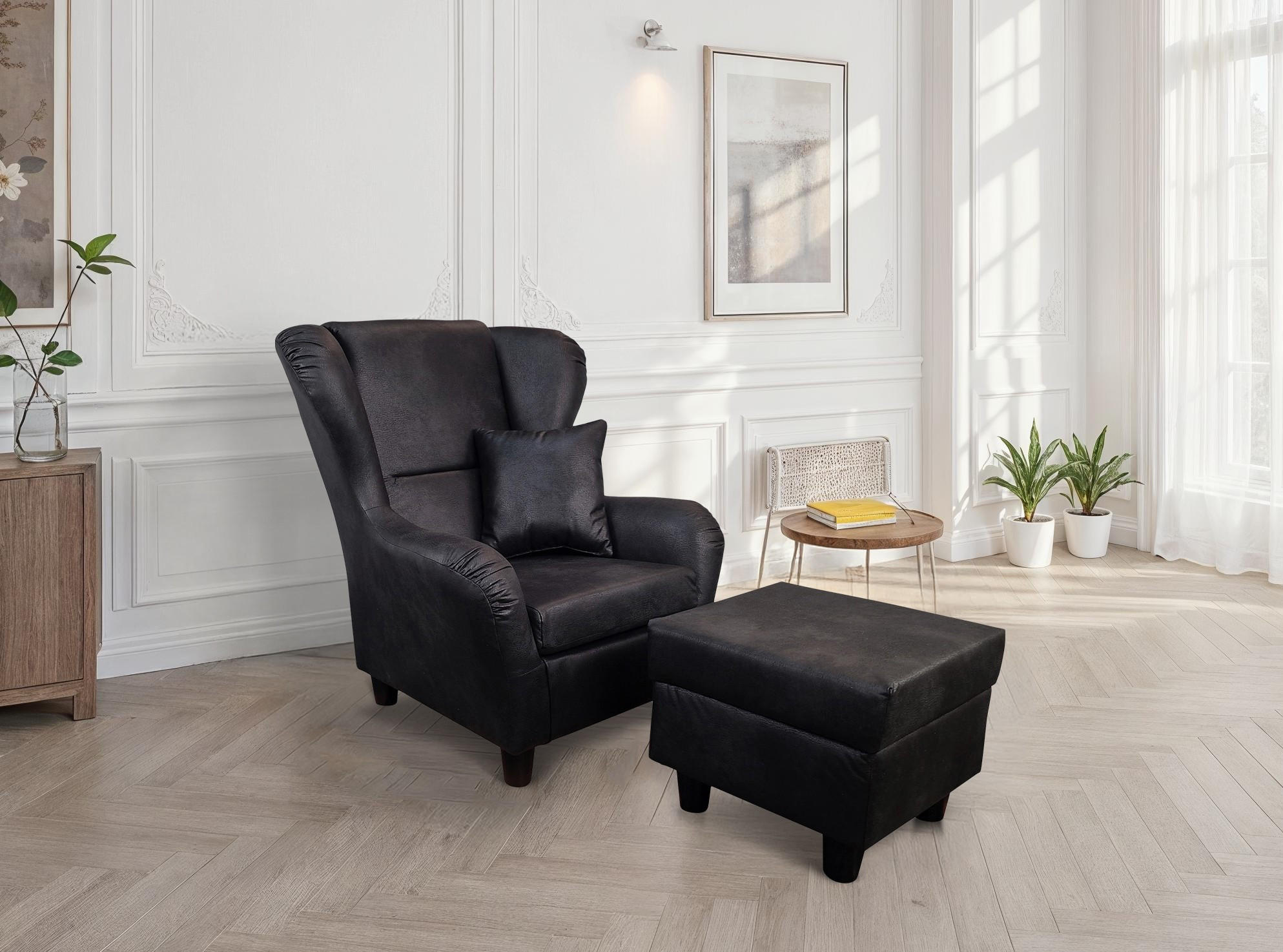 OHRENSESSEL mit HOCKER, hoher Sitzkomfort durch Wellenunterfederung B90/H98/T76 cm, Mikrofaser Leder-Optik Vintage Schwarz / 18007 - Schwarz, Holz/Textil (90/98/76cm) - luma-home