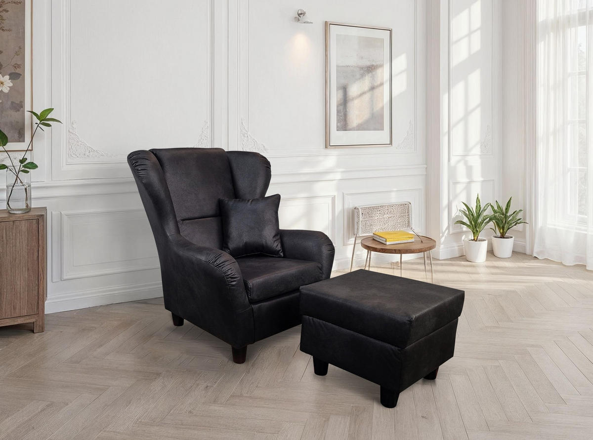 OHRENSESSEL mit HOCKER, hoher Sitzkomfort durch Wellenunterfederung B90/H98/T76 cm, Mikrofaser Leder-Optik Vintage Schwarz / 18007 - Schwarz, Holz/Textil (90/98/76cm) - luma-home