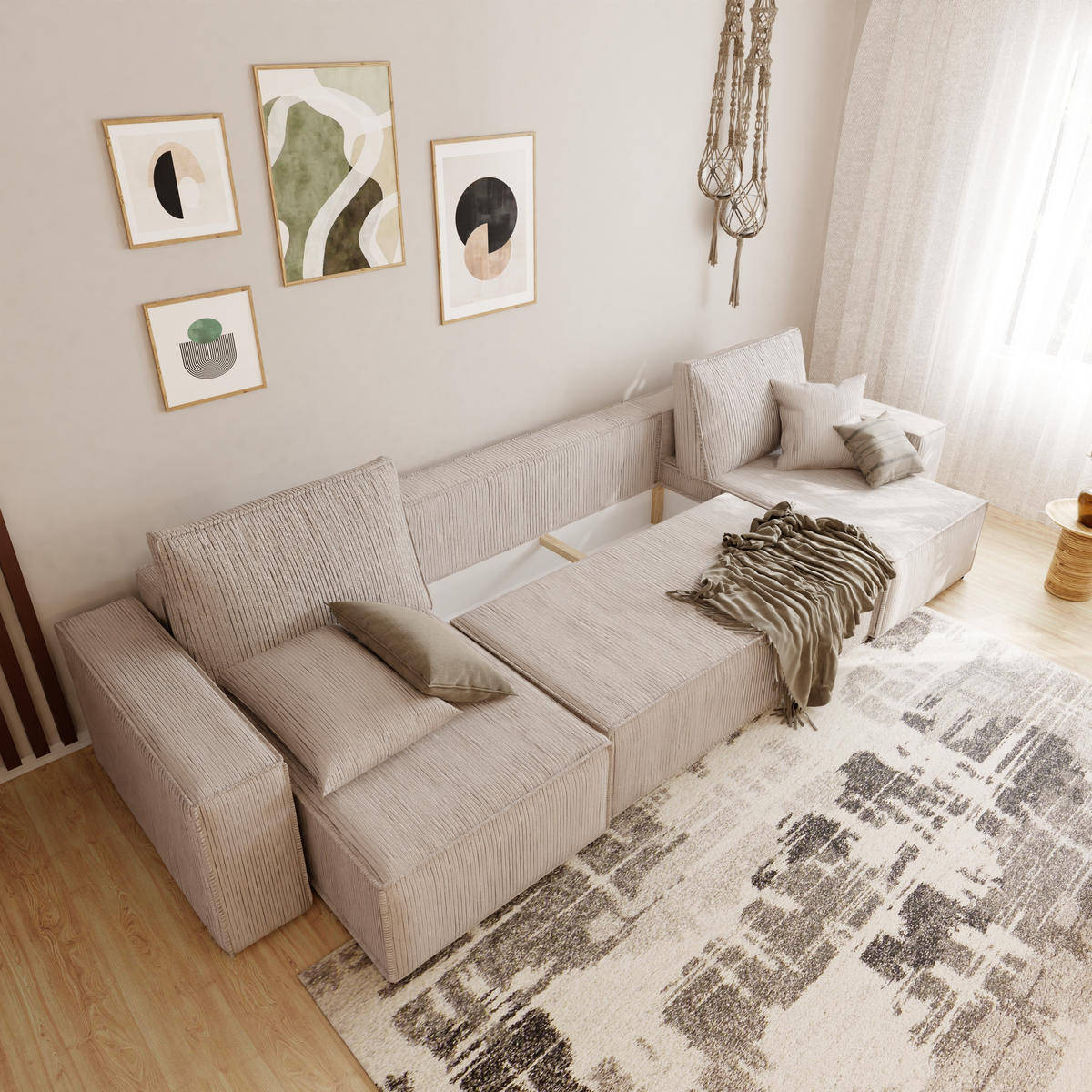 ECKSOFA mit Schlaffunktion und Bettkasten, Beige - Beige, Holzwerkstoff/Textil (312/145cm) - Idohome