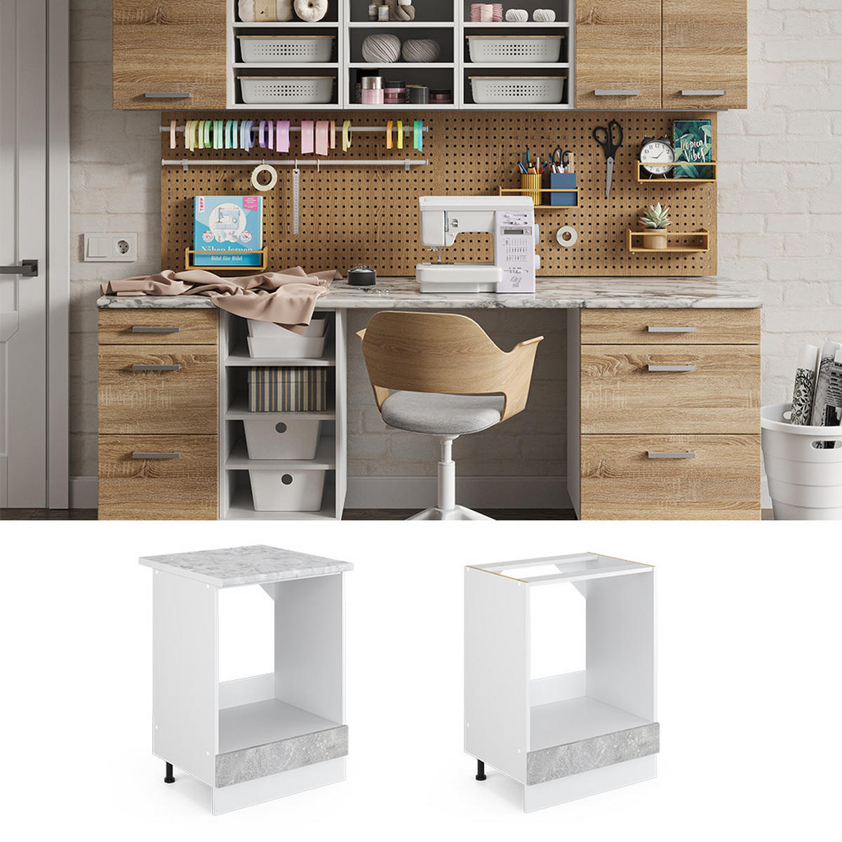 UNTERSCHRANK R-Line Beton 60 cm mit Großnische, mit Arbeitsplatte - Weiß/Grau, Holzwerkstoff (60/81.6/60cm) - Vicco