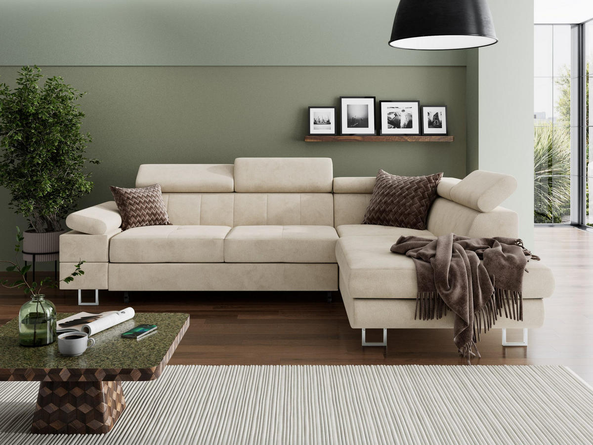 ECKSOFA CAROLINE Rechts Braun Velours-Stoff mit Schlaffunktion und Bettkasten - Chromfarben/Dunkelbraun, Textil (253/190cm) - Barchello