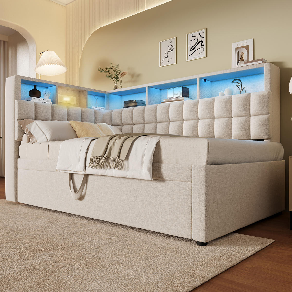 AUSZIEHBETT 90/200 cm DE-00770, in Beige, LED und L-Kopfteil - Beige, Holz (90/200cm) - ComfortXL