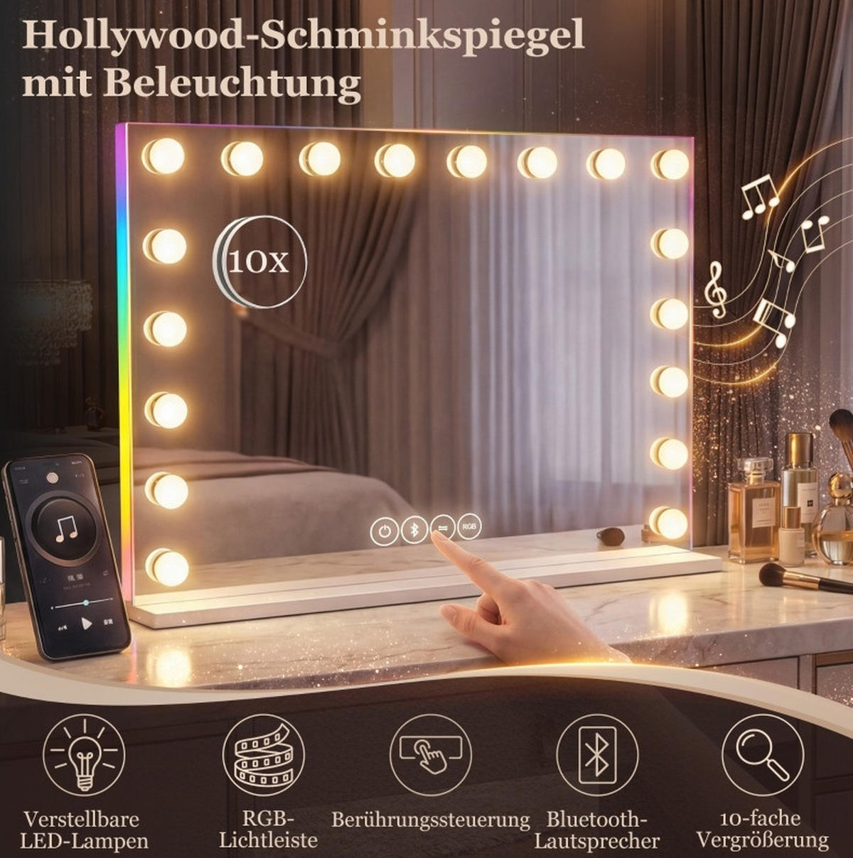 WANDSPIEGEL 80/14/60 cm weiß aus Glas mit LED, RGB und Bluetooth - Weiß, Glas (14/60/80cm) - OKWISH