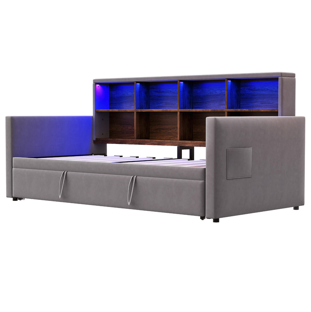 ČALOUNĚNÁ postel 90/190 cm šedá z sametu s výsuvným lůžkem a LED osvětlením - tmavě šedá, textil (90/190cm) - OKWISH
