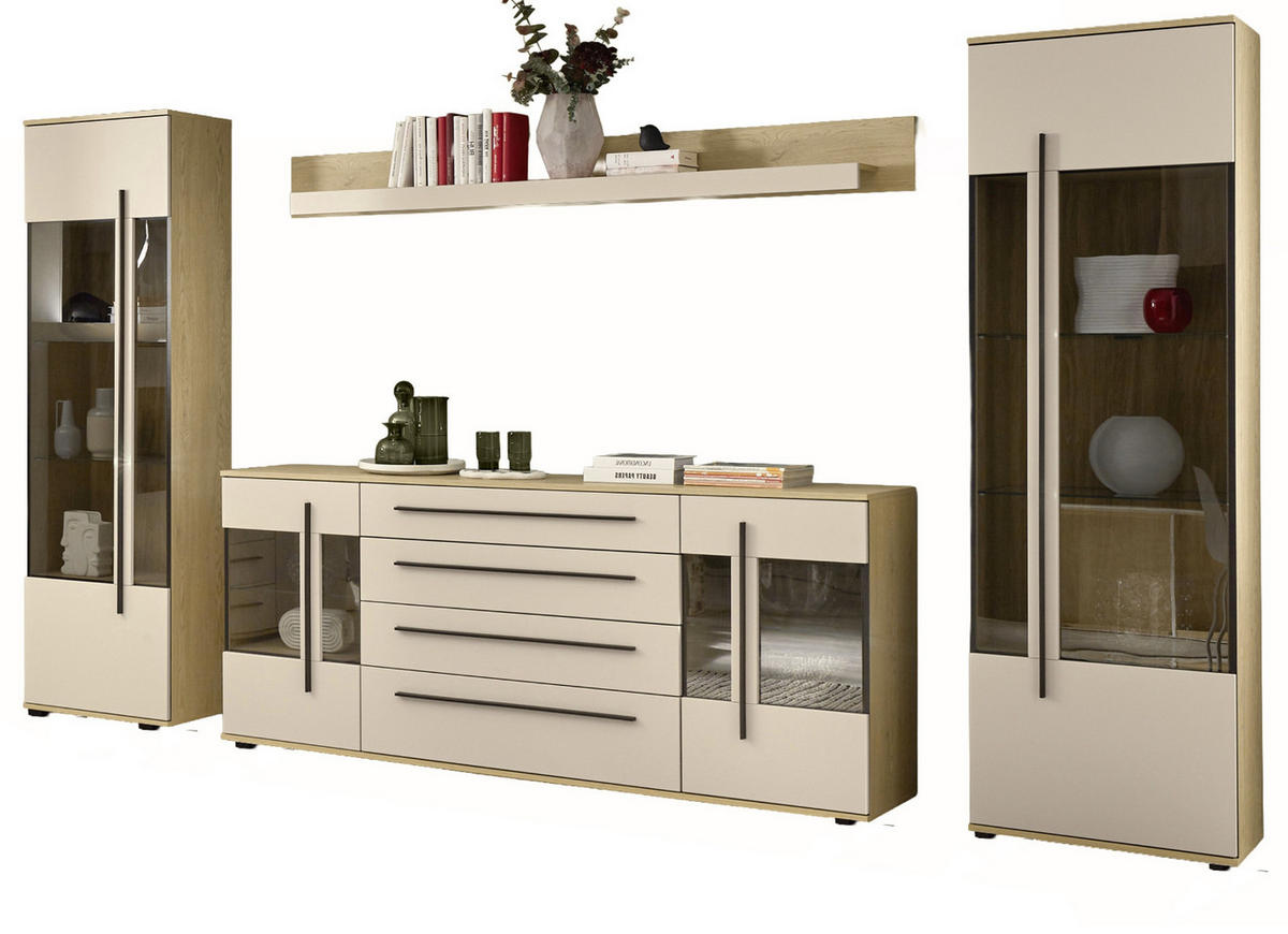 WOHNWAND Kaschmir, Eiche 4-teilig 340 cm, Schrankwand Set mit Soft-Close - Kaschmir/Eichefarben, Glas/Holzwerkstoff (340/200/42cm) - Furn.Design