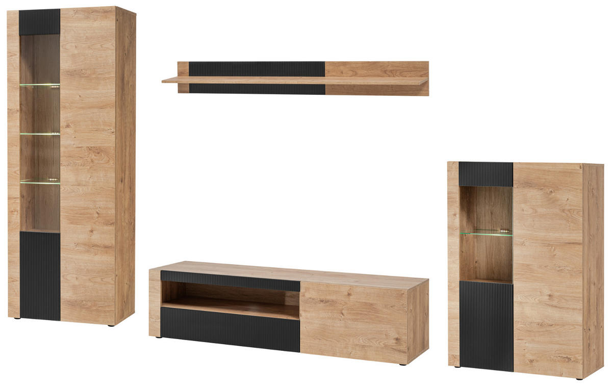 WOHNWAND Eiche, schwarz 4-teilig 350 cm, Schrankwand inklusive Beleuchtung - Eichefarben/Schwarz, Glas/Holzwerkstoff (350/197/45cm) - Inn.Furn