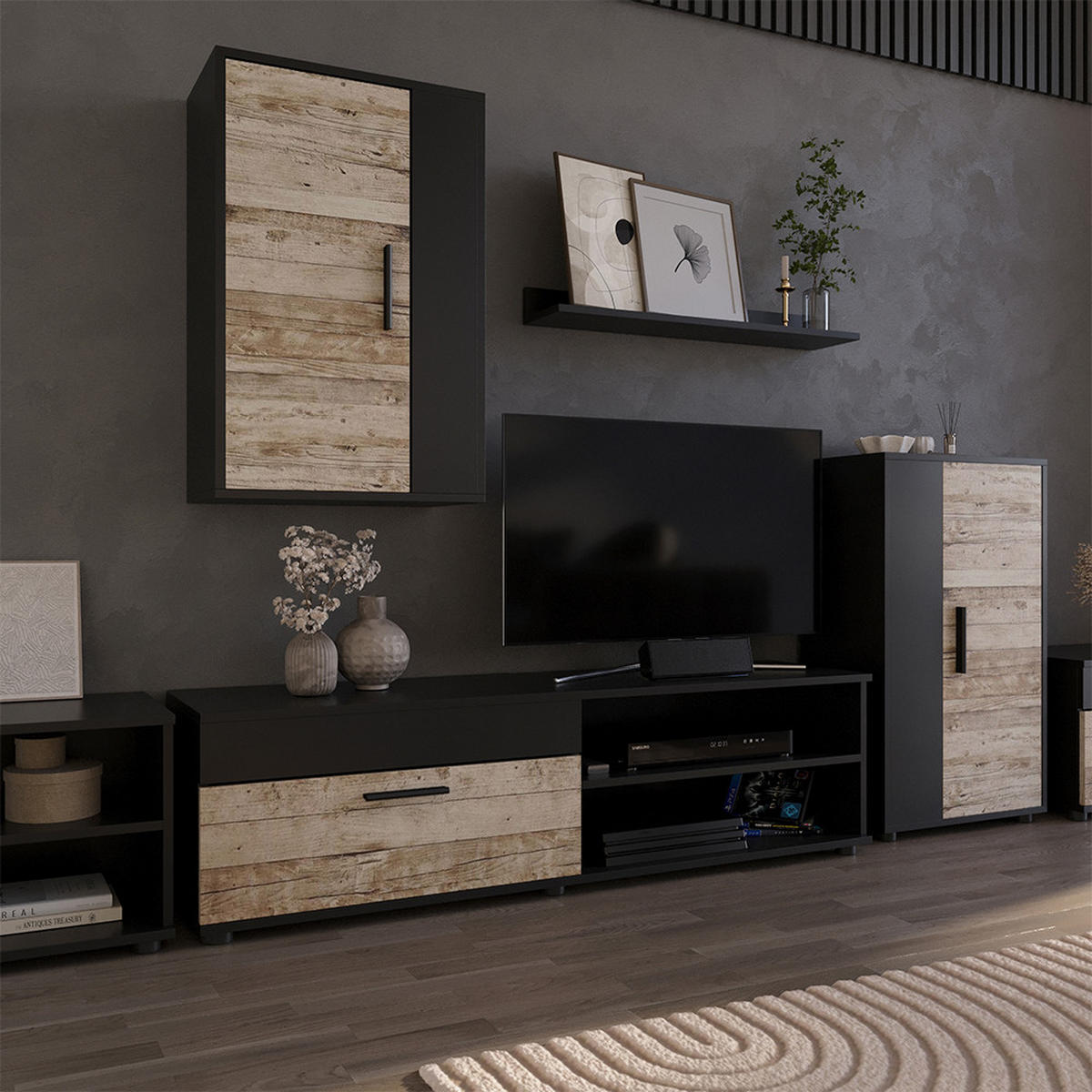 NÁSTĚNNÁ SKŘÍŇKA Berno Černý/pískový dub - černá/Sonoma dub, kompozitní dřevo (139.8/38.9/35.3cm) - Vicco