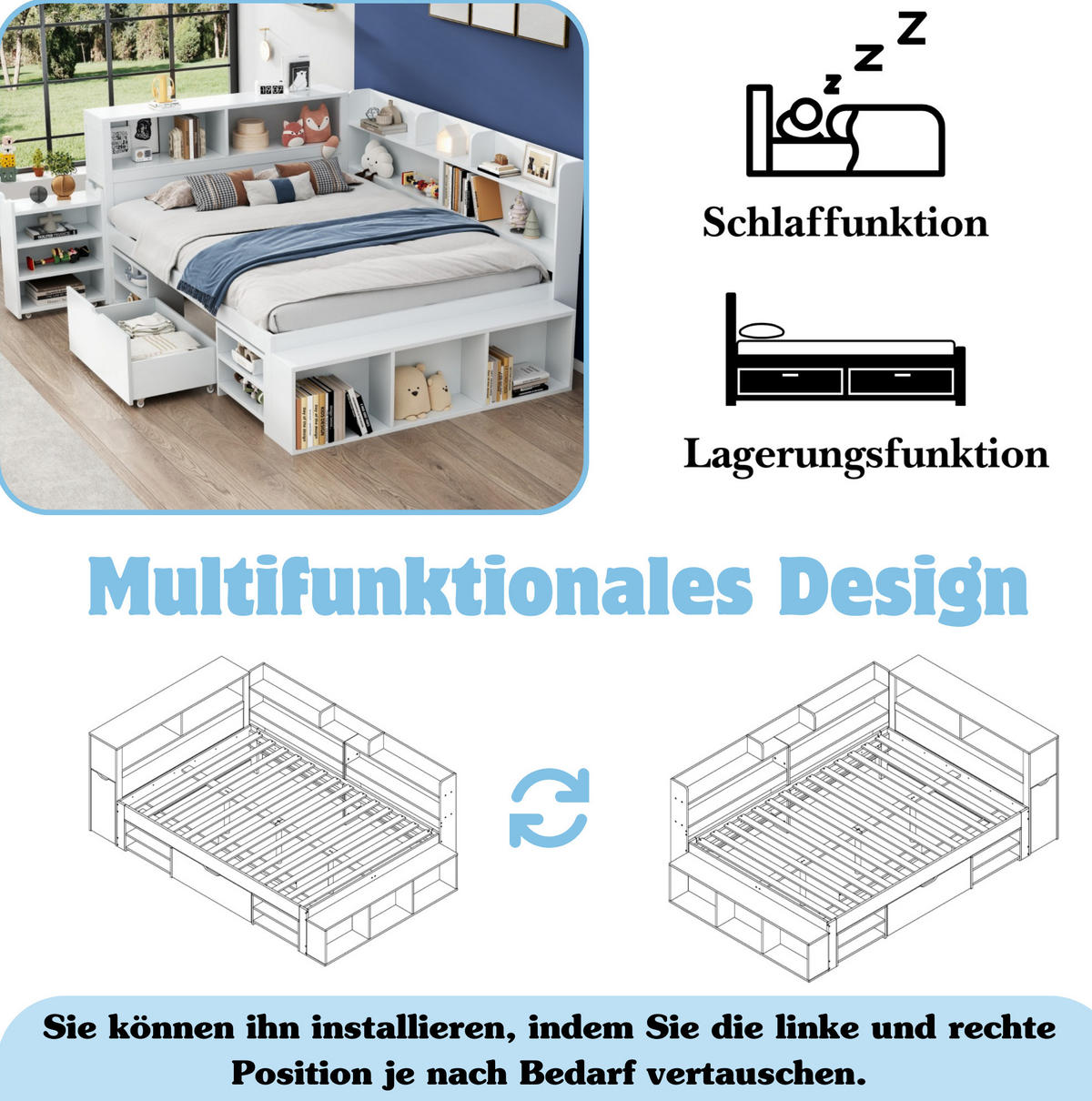 KINDERBETT 140/200 cm in Weiß mit Stauraum, Bücherregal und Lattenrost - Weiß, Holzwerkstoff (140/200cm) - BEAOK