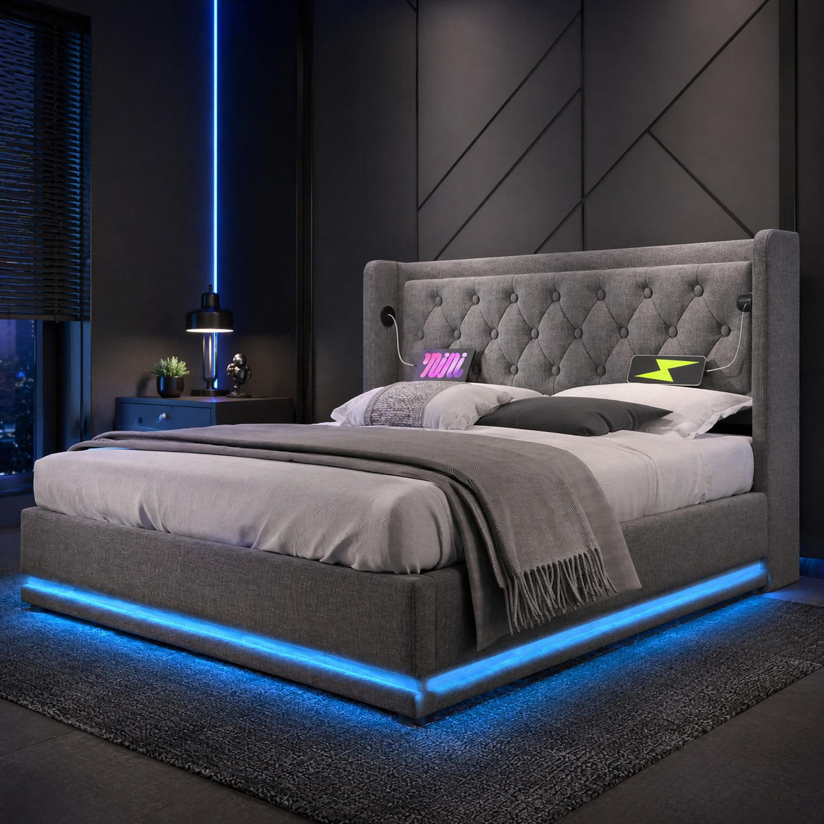 POLSTERBETT 180/200 mit LED, hydraulischem Stauraum und USB Type-C in Grau - Grau, Holzwerkstoff/Textil (180/200cm) - EVRYAE