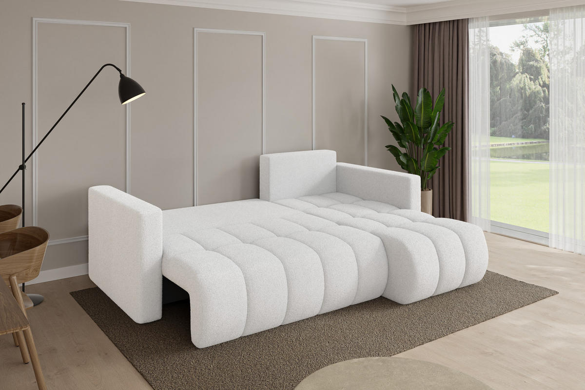 ROHOVÁ SEDAČKA s funkcí spaní, otoman vpravo GARD-L 226x146x85 bílá bouclé - bílá/černá, kompozitní dřevo/textil (226/146cm) - ALTDECOR
