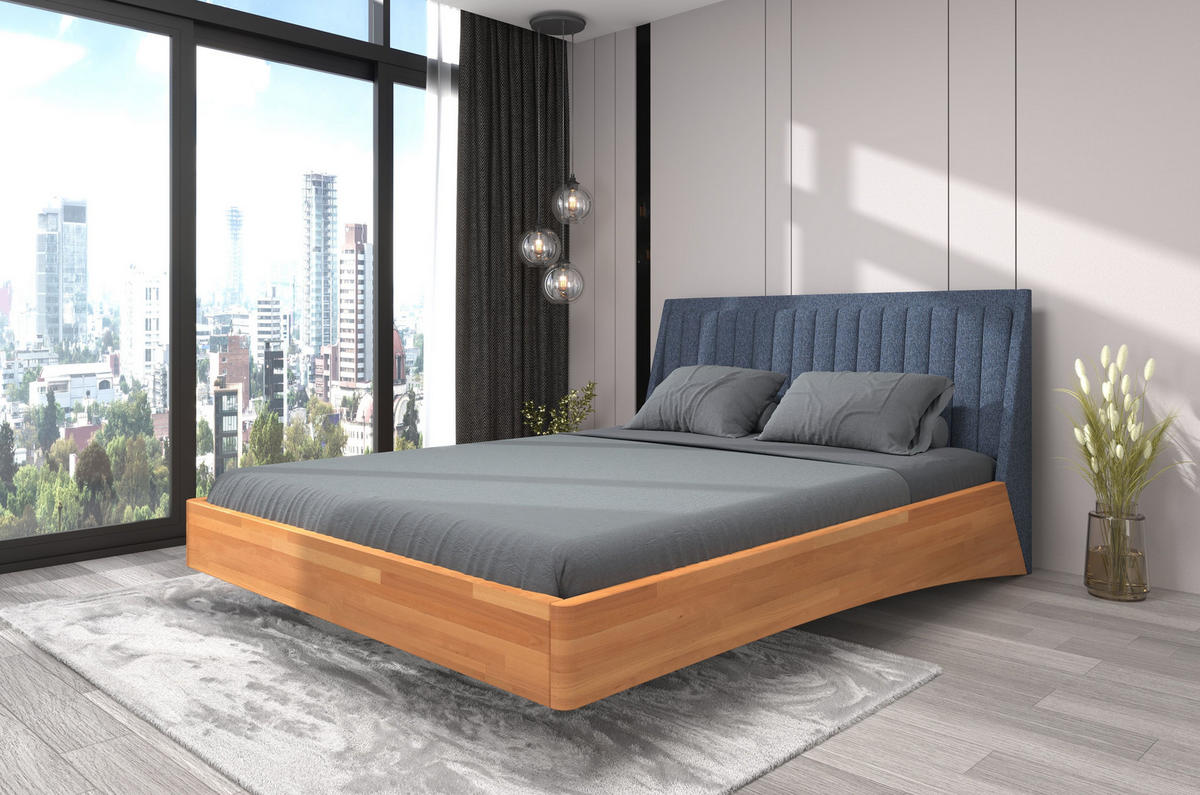 MASSIVHOLZBETT Ulf 180/200, schwebende Optik, Naturfarben-Denim Blau - Buchefarben, Holz/Buchenholz (180/200cm) - Visby