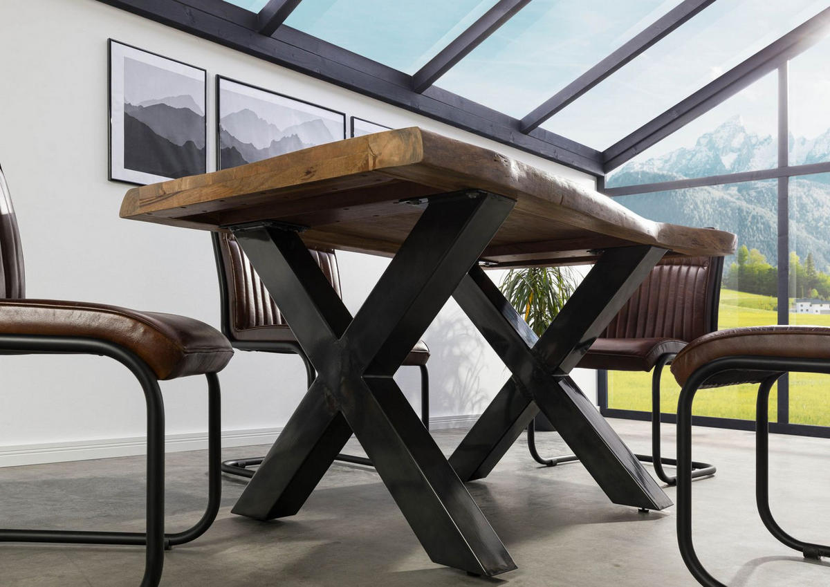 BAUMTISCH Mango 140x90x77 natur lackiert / X-Beine anthrazit glänzend FREEFORM 5 - Naturfarben, Holz (140/90/77cm) - Massivmoebel24