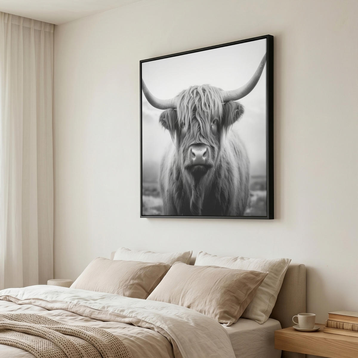LEINWAND Bilder mit Rahmen - Schottischer Highlander - Nebel - Schwarz - Weiß - 90x90 - Grau, Textil (90/90cm) - MuchoWow