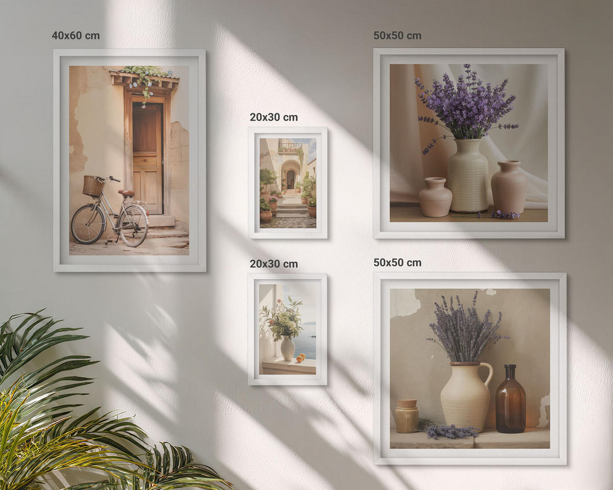 BILDER SET 5er Set - 50x50 cm & 20x30 cm & 40x60 cm Weißer Rahmen - Friedliche Zen-Blumen-Buddha-Komposition - Weiß, Kunststoff (40/60cm) - TULUP