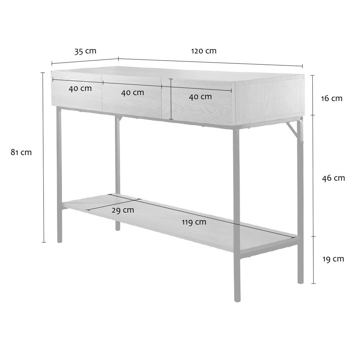 KONSOLE mit 3 Schubladen und 1 unterer Ablage, Holzdekor und schwarzes Metall 35/120/80,5 cm - Eschefarben, Holzwerkstoff (39.5/35/80.5cm) - Calicosy