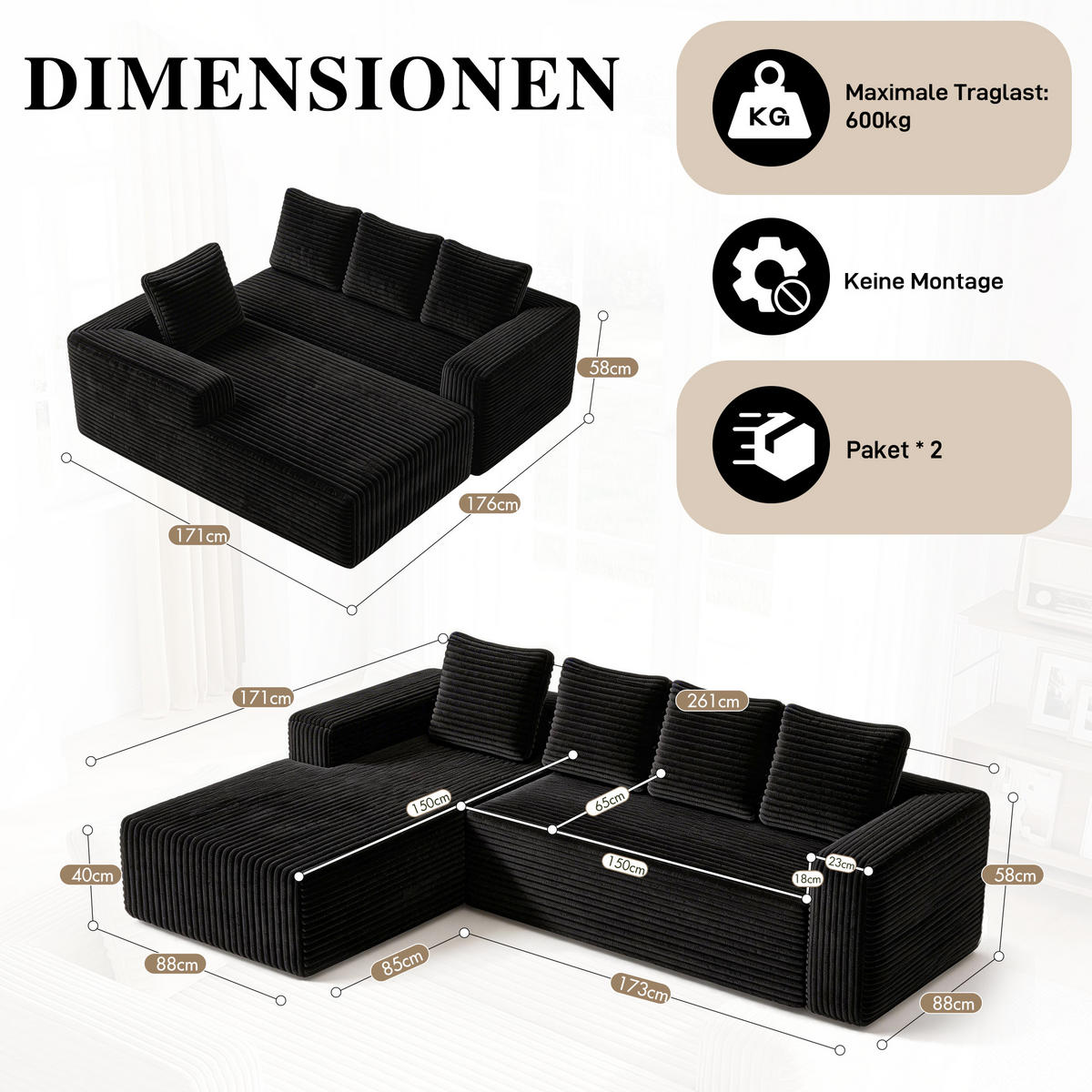 ECKSOFA Cloud L-Form mit rechter Chaise, DE-42592, Schwarz - Schwarz, Textil (261/168cm) - ComfortXL
