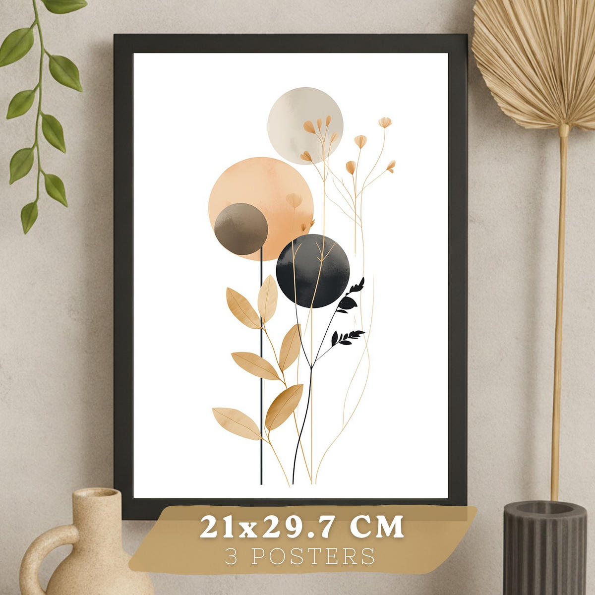 PLAKAT Sada 3 Tvary květů A3 Černý rám - černá, papír (29.7/1/42cm) - Nacnic