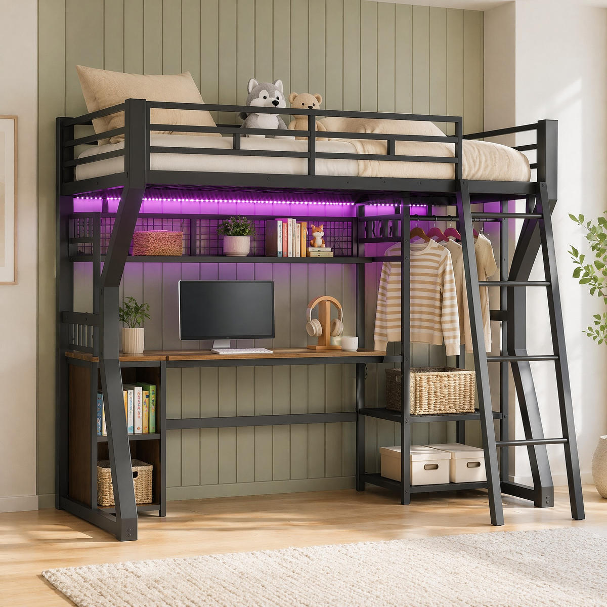 HOCHBETT 90/200 mit Lichtleiste, Steckdose und Schreibtisch in Schwarz - Schwarz, Holzwerkstoff/Metall (90/200cm) - EVRYAE