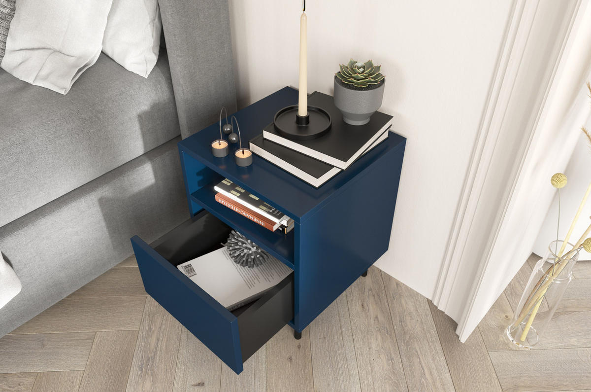 NACHTTISCH Mirka, Marinblau, Push to Open System, Minimalistisch - Schwarz/Dunkelblau, Holzwerkstoff/Metall (40/47/40cm) - Dancan