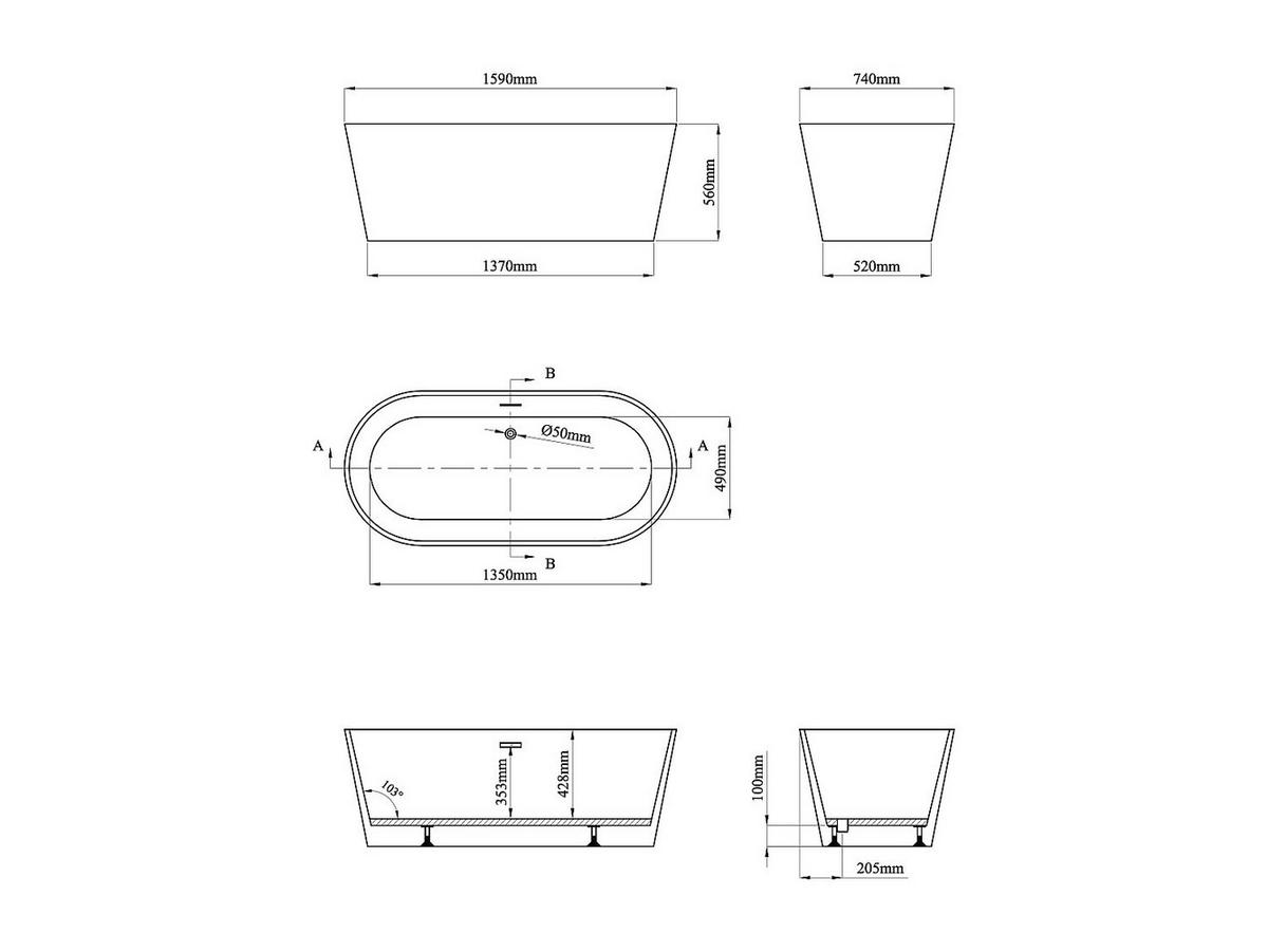 BADEWANNE - 159 cm x 74 cm - Acryl - Khaki - Schlammfarben, Kunststoff (159/56/74cm) - Vente-Unique