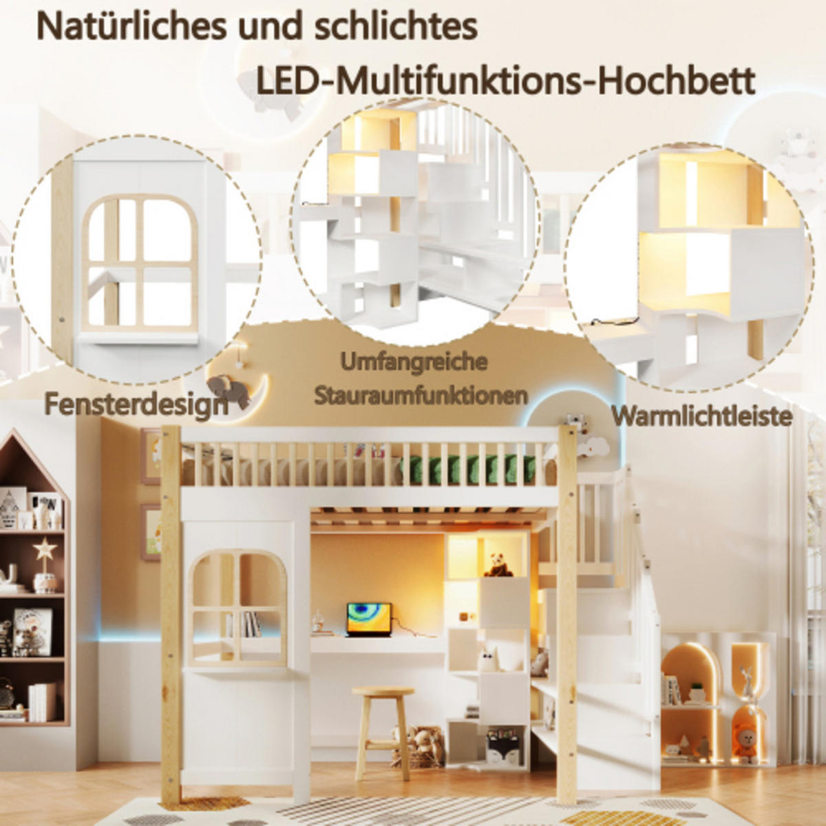 HOCHBETT 140 × 200 cm aus Kiefernholz mit Spielhaus-Unterbau, LED-Leiste und Stauraumleiter, weiß-natur - Weiß, Holz - Luhomfu