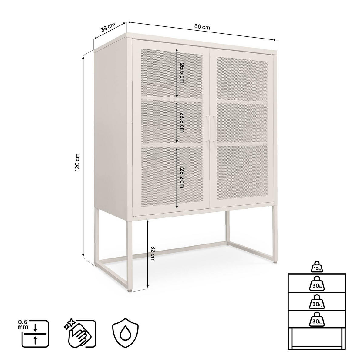 HIGHBOARD im Industrial-Design aus Metall H.120cm 2 Türen Streckmetall Beige - Kai - Beige, Metall (85/120/45cm) - Sicaan