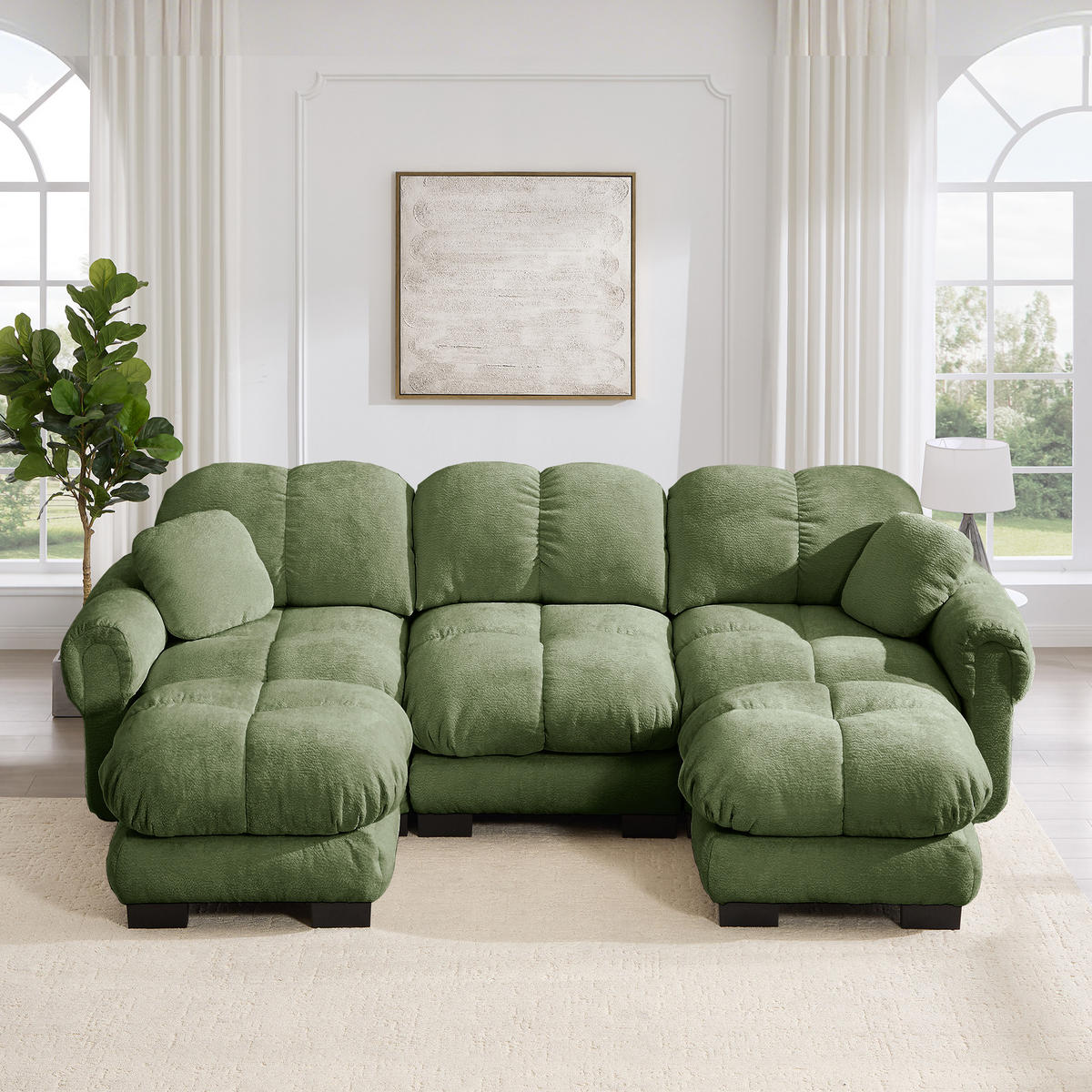 WOHNLANDSCHAFT DE-34384 U-Form mit Ottoman und Steppdesign Grün - Grün, Textil (149/90/260cm) - ComfortXL